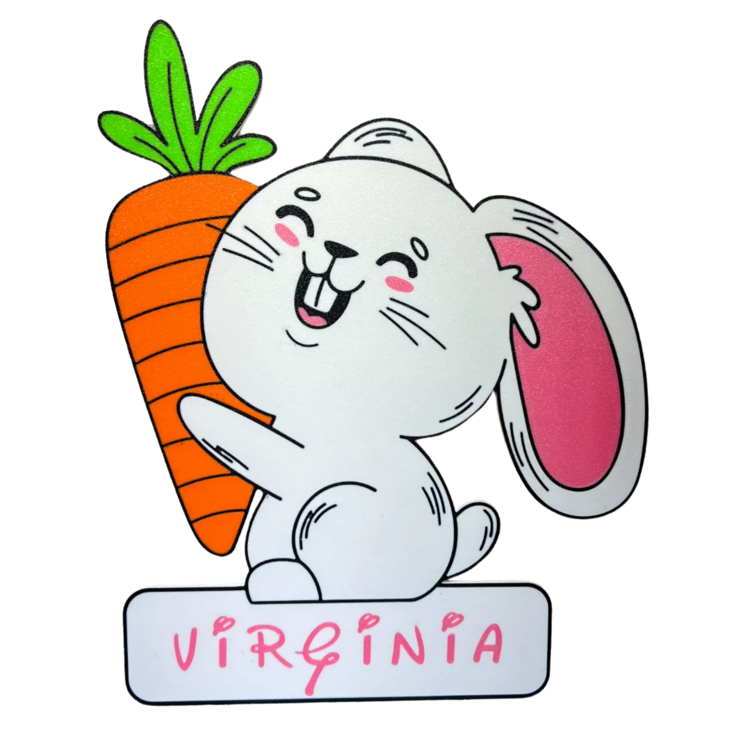 Adorno de conejito kawaii para la habitación de niños, con zanahoria y el nombre "VIRGINIA" en la placa, en colores blanco, rosa y naranja.