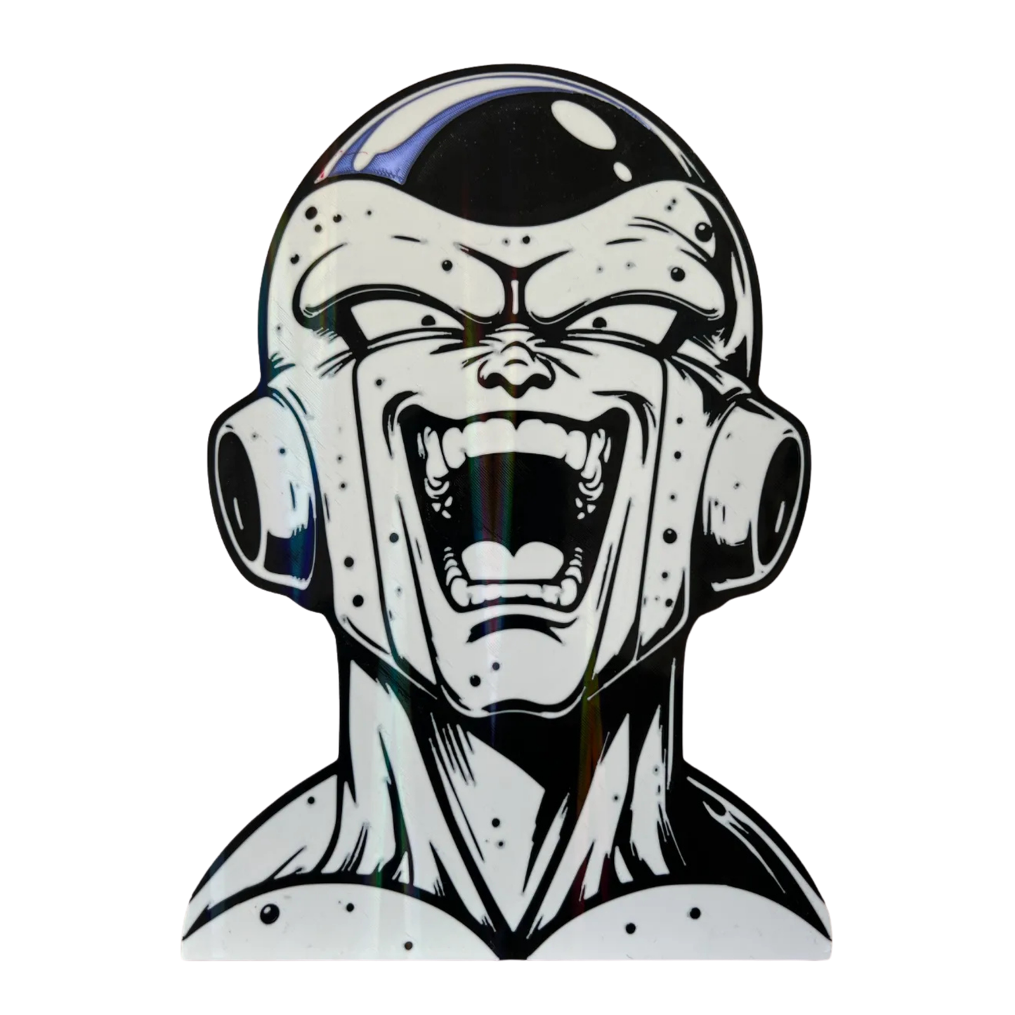 Adorno de la cabeza de Freezer de Dragon Ball Z en blanco y negro, con intensos reflejos iridiscentes sobre toda su superficie, creando un efecto visual dinámico.