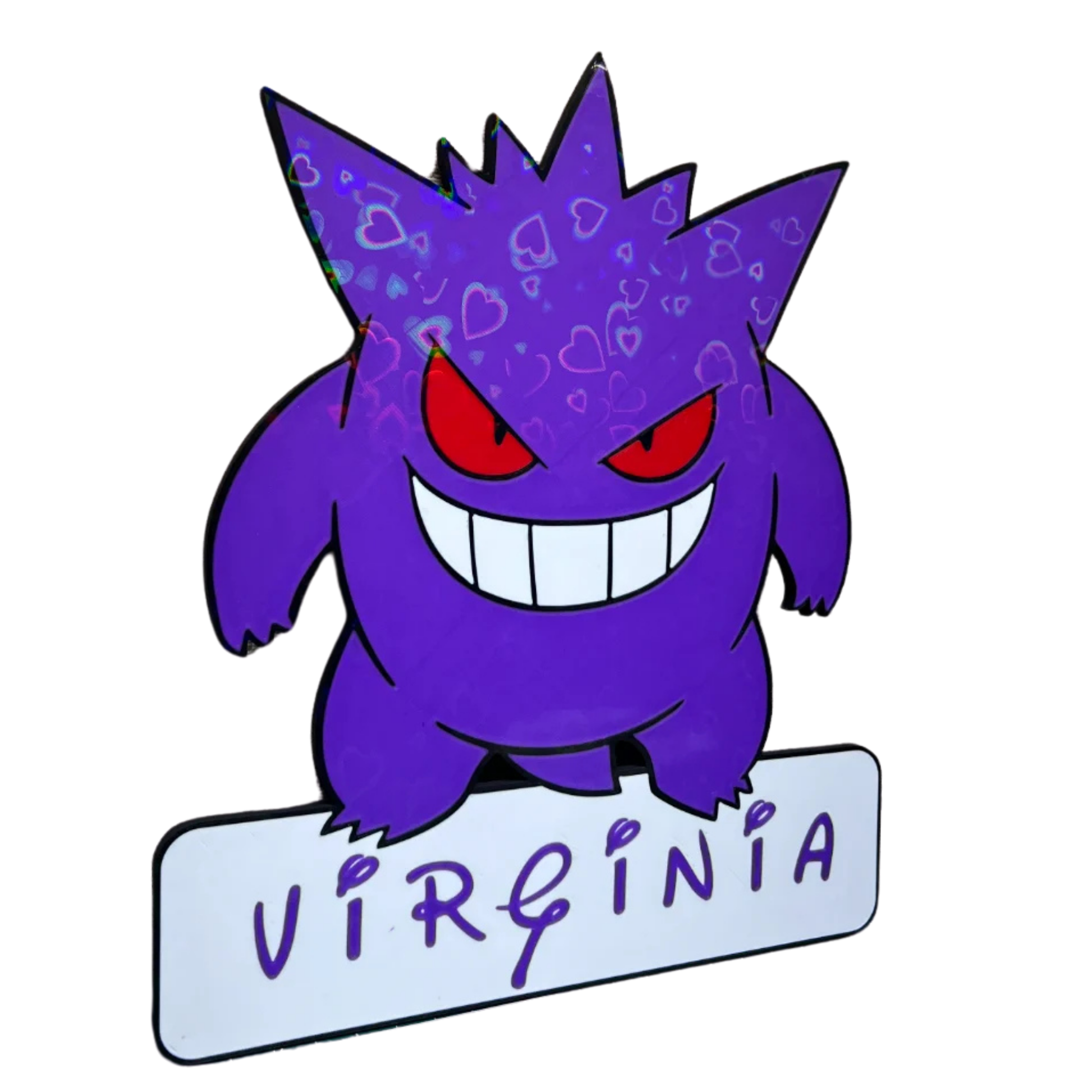 Adorno decorativo de Gengar Pokémon en color morado, con su silueta característica y el nombre "VIRGINIA" en la placa inferior.