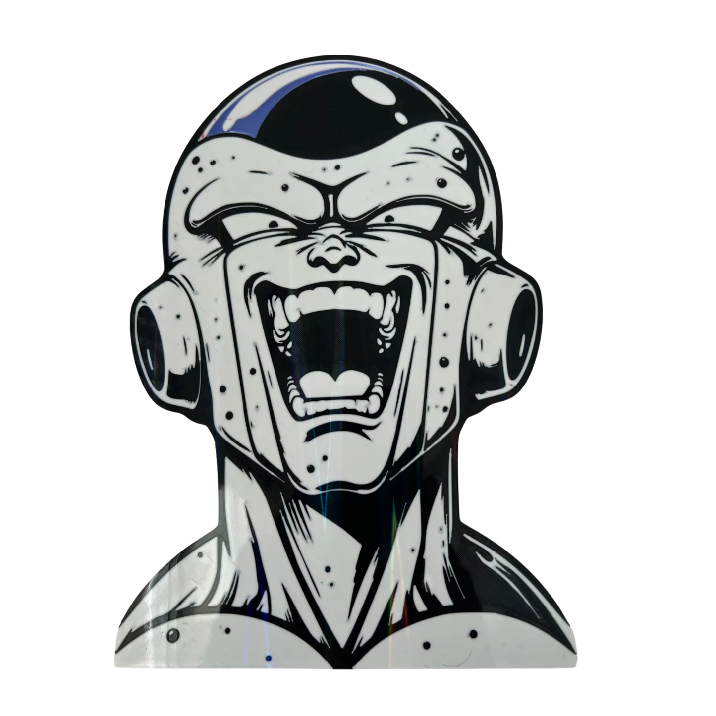 Aplique decorativo de la cabeza de Freezer de Dragon Ball Z en estilo manga blanco y negro, con efecto holográfico sutil en su frente, visto de frente.