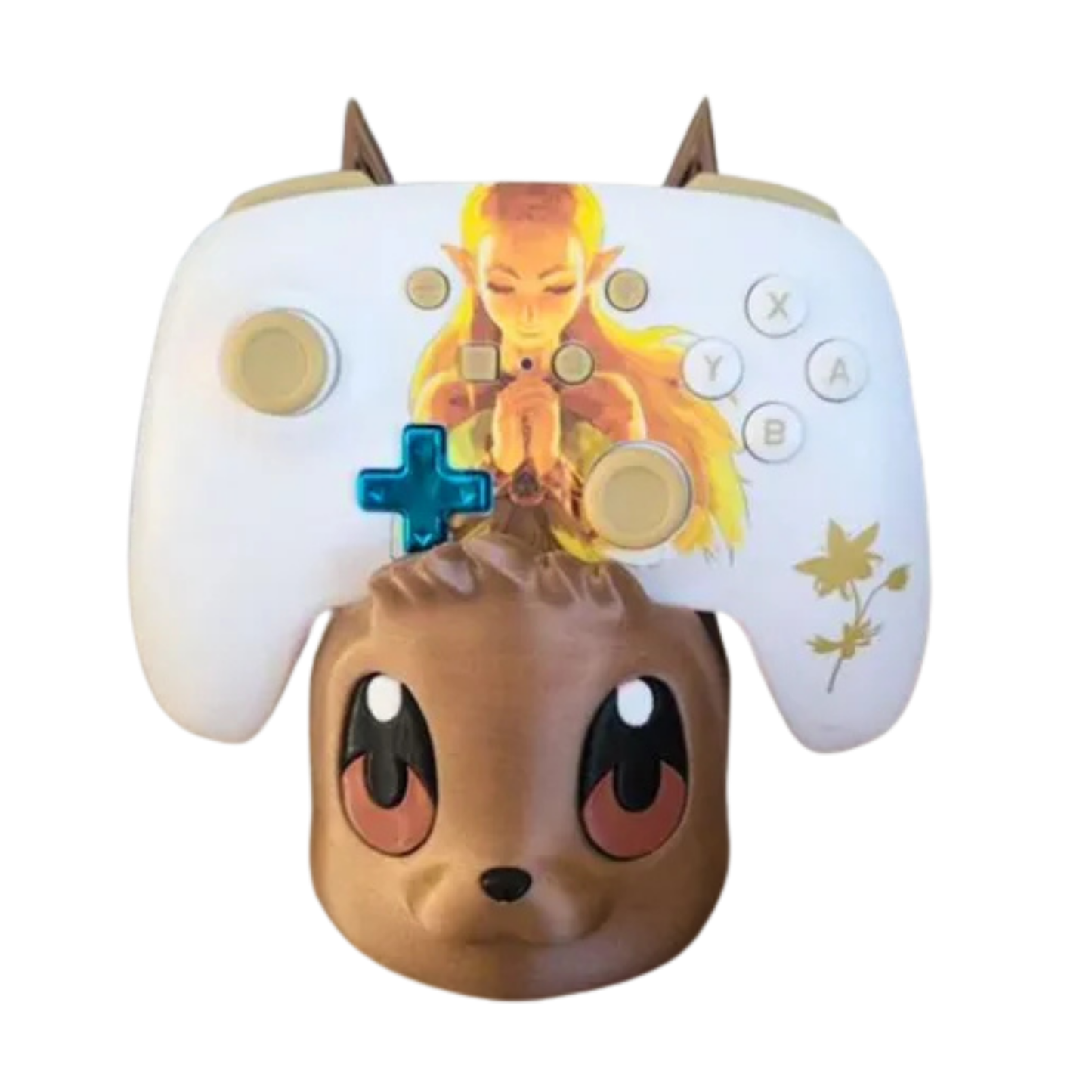 Base para controlador Eevee de Pokémon con un mando de Xbox blanco personalizado con temática de Zelda, demostrando compatibilidad.