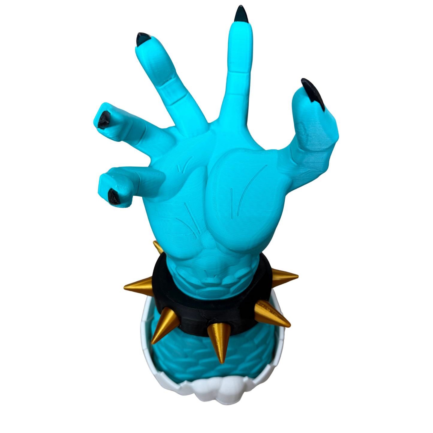 Soporte de mando de Kaido de One Piece, mostrando la mano azul celeste con garras negras y un brazalete de púas doradas y negras.