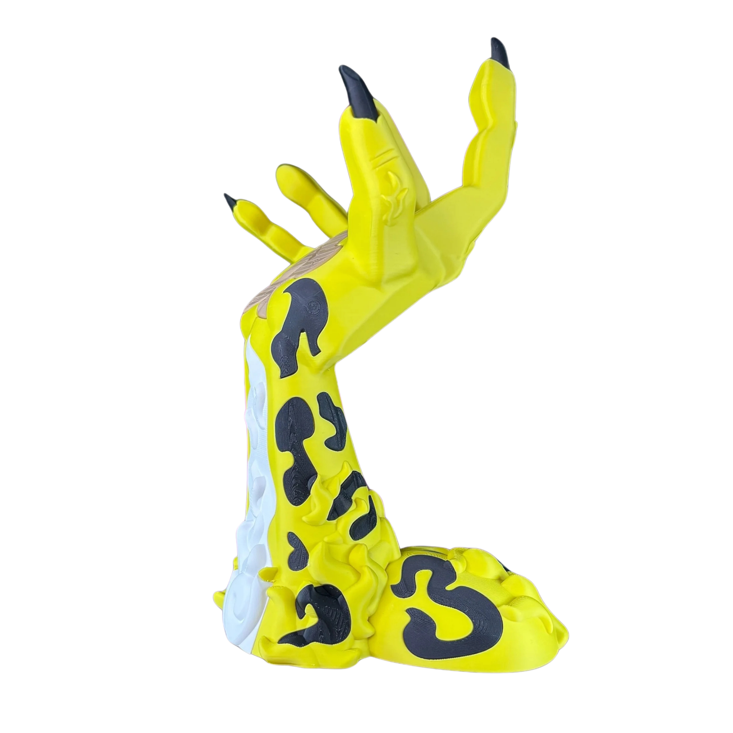 Vista lateral del soporte para mando de Rob Lucci de One Piece, mostrando el diseño de leopardo amarillo y negro del brazo y la base.