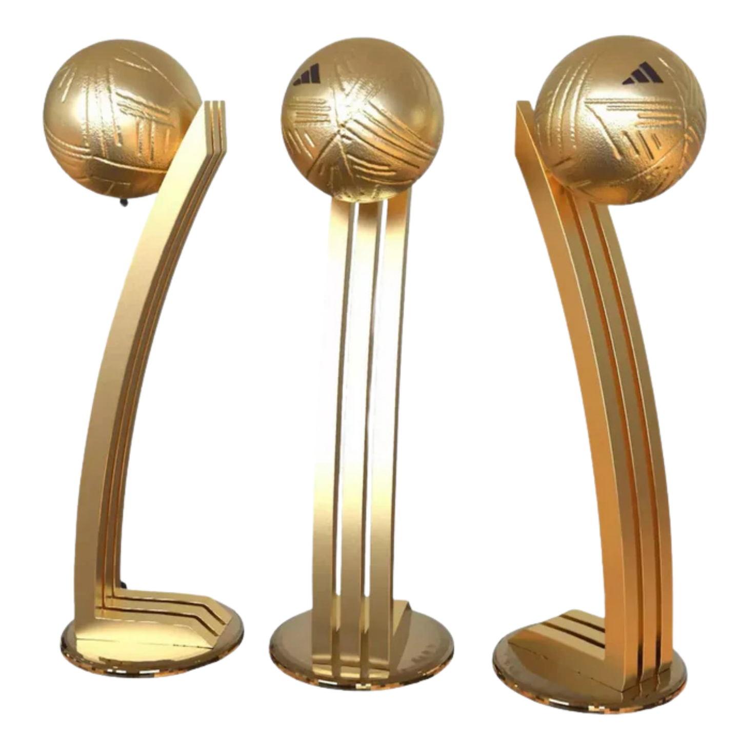 Colección de tres trofeos réplica del Balón de Oro del Mundial, mostrando diferentes diseños de bases doradas y balones de fútbol.