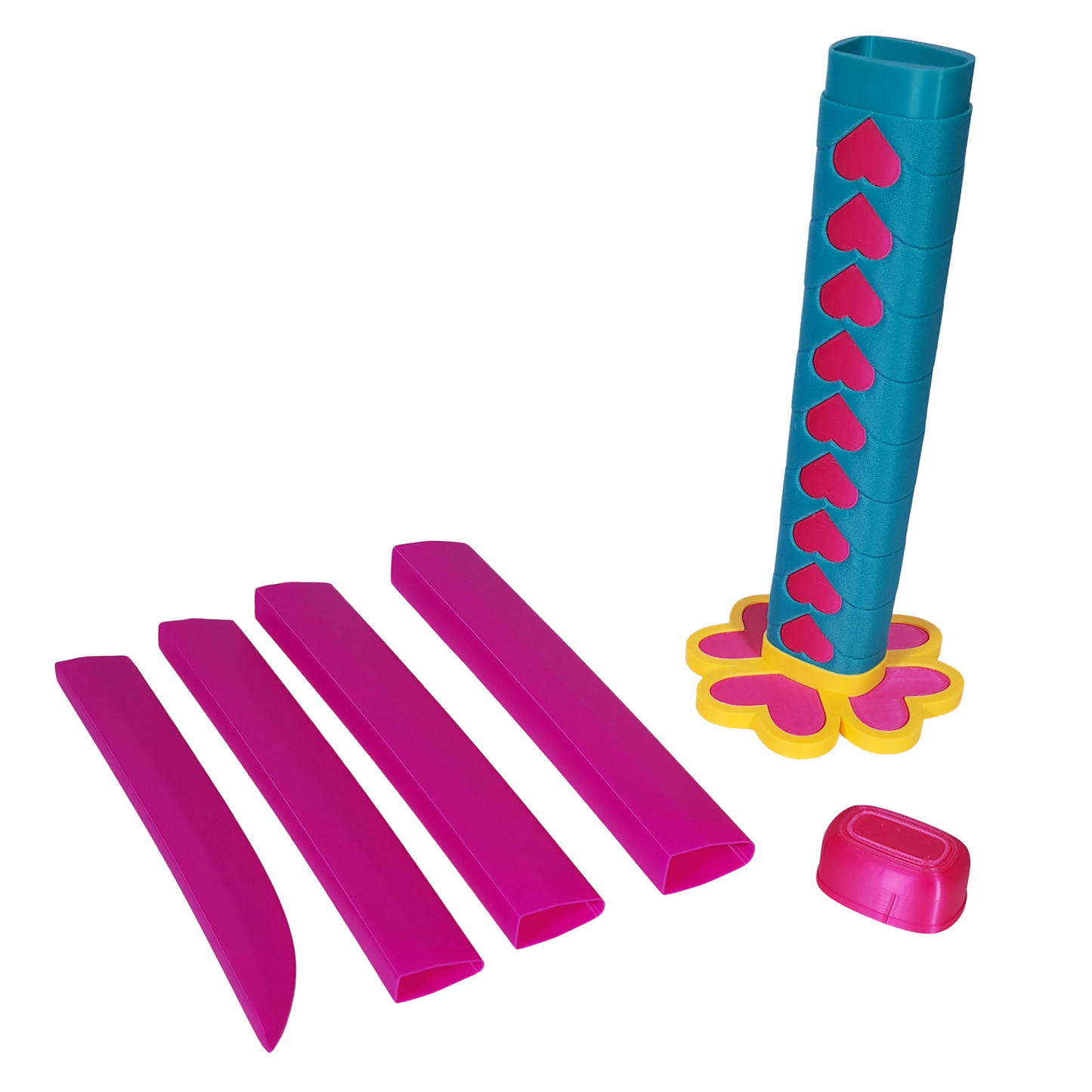 Componentes de la katana retráctil de Mitsuri Kanroji de Demon Slayer, incluyendo segmentos de la hoja rosa/magenta, la empuñadura con corazones y la guarda de corazón.