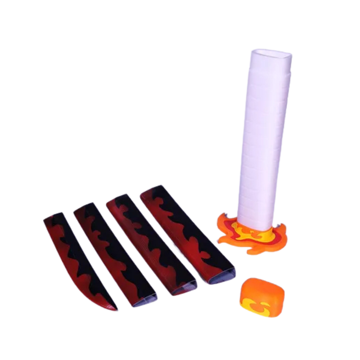 Componentes de la katana retráctil de Rengoku Kyojuro de Demon Slayer, incluyendo segmentos de la hoja con patrones de llamas y la empuñadura/vaina blanca.
