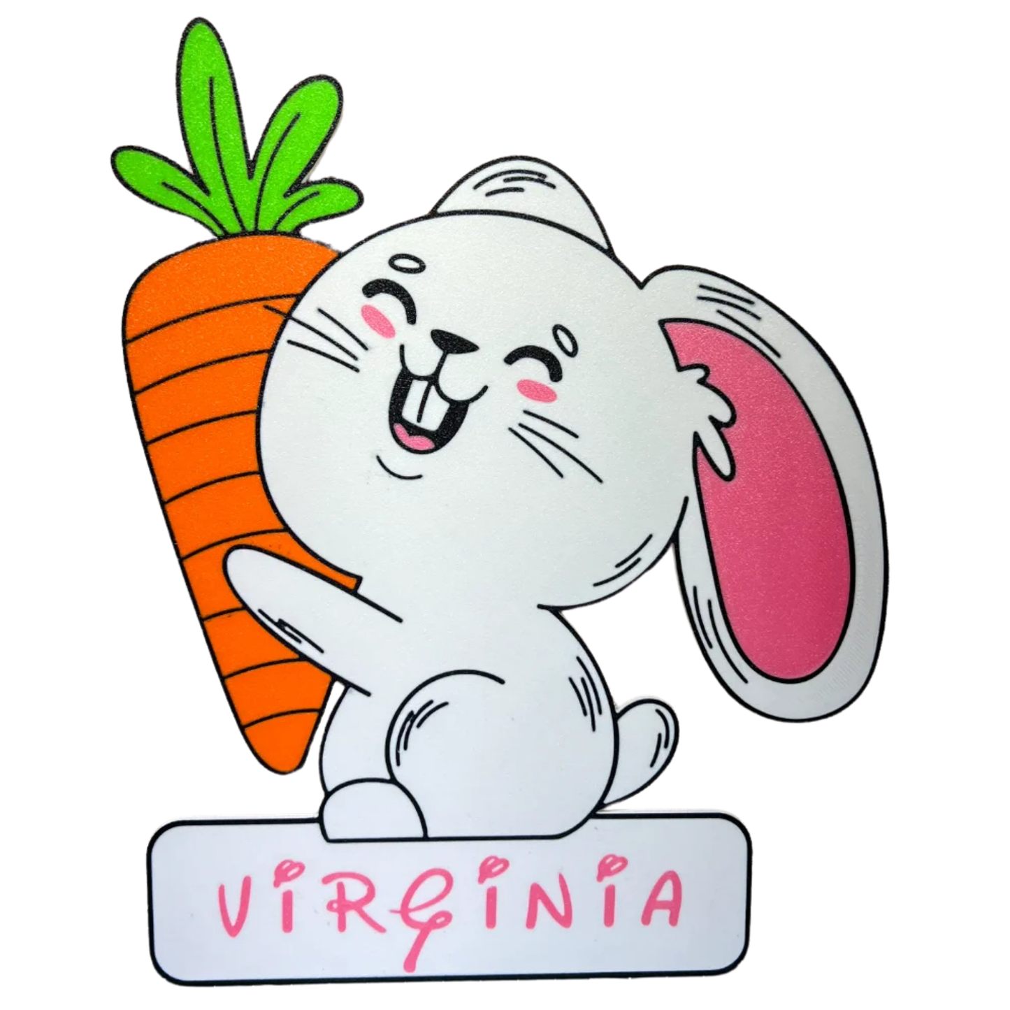 Figura decorativa de conejito blanco y zanahoria para niños, con el nombre "VIRGINIA" en su base, un regalo tierno y personalizado.
