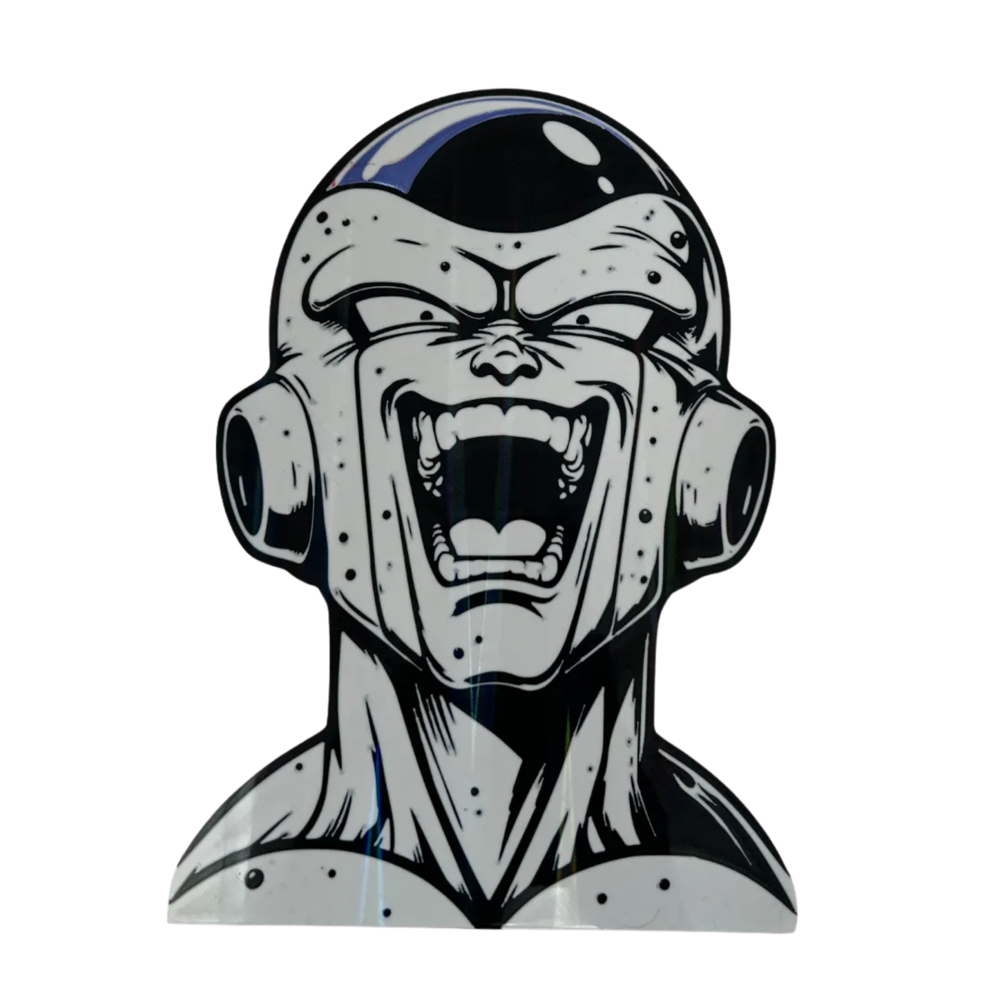 Figura decorativa de la cabeza de Freezer de Dragon Ball Z en estilo blanco y negro, con efecto holográfico, listo para decorar un espacio de fan.