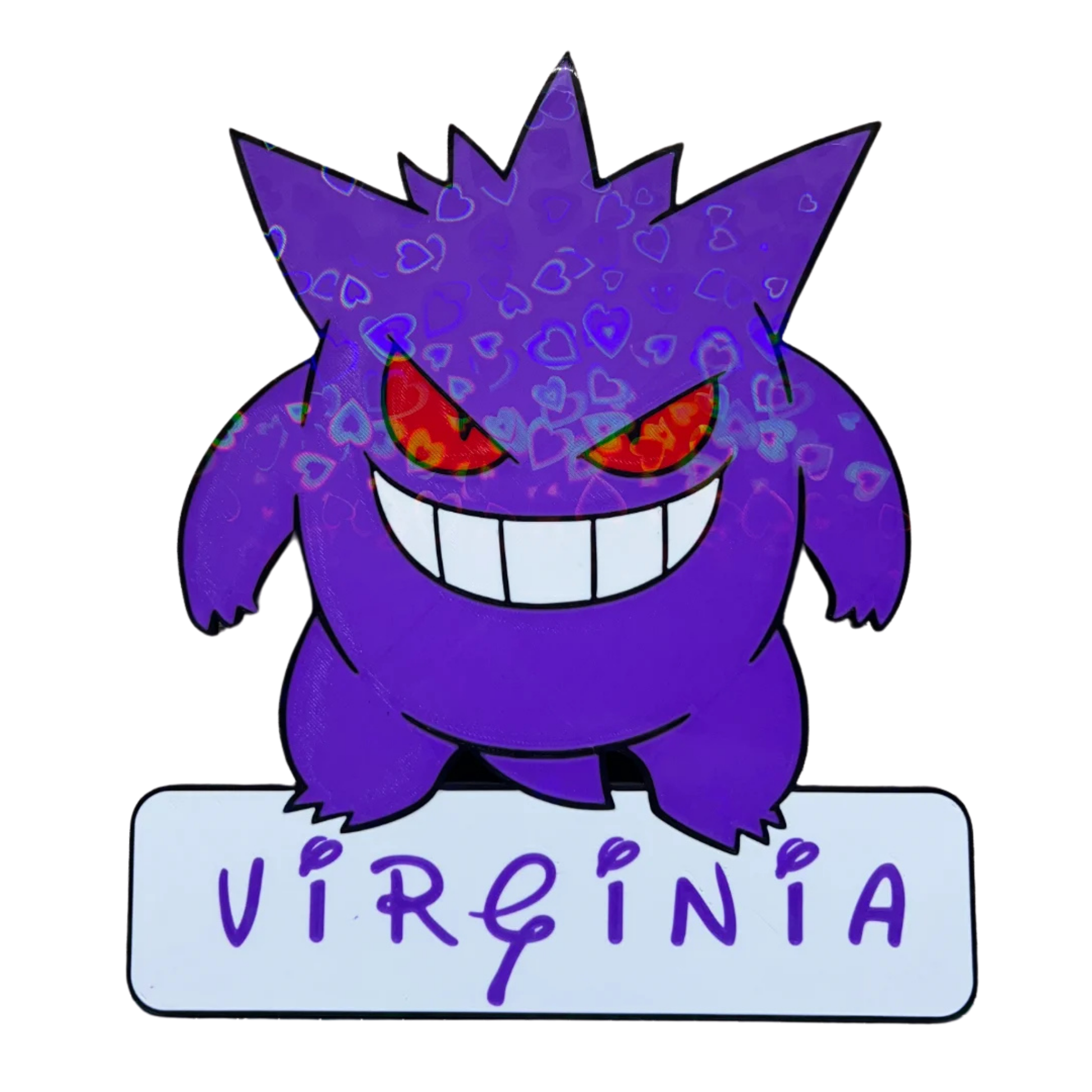 Figura decorativa de Gengar Pokémon con ojos rojos brillantes y una sonrisa, con el nombre "VIRGINIA" en la base, ideal para coleccionistas.