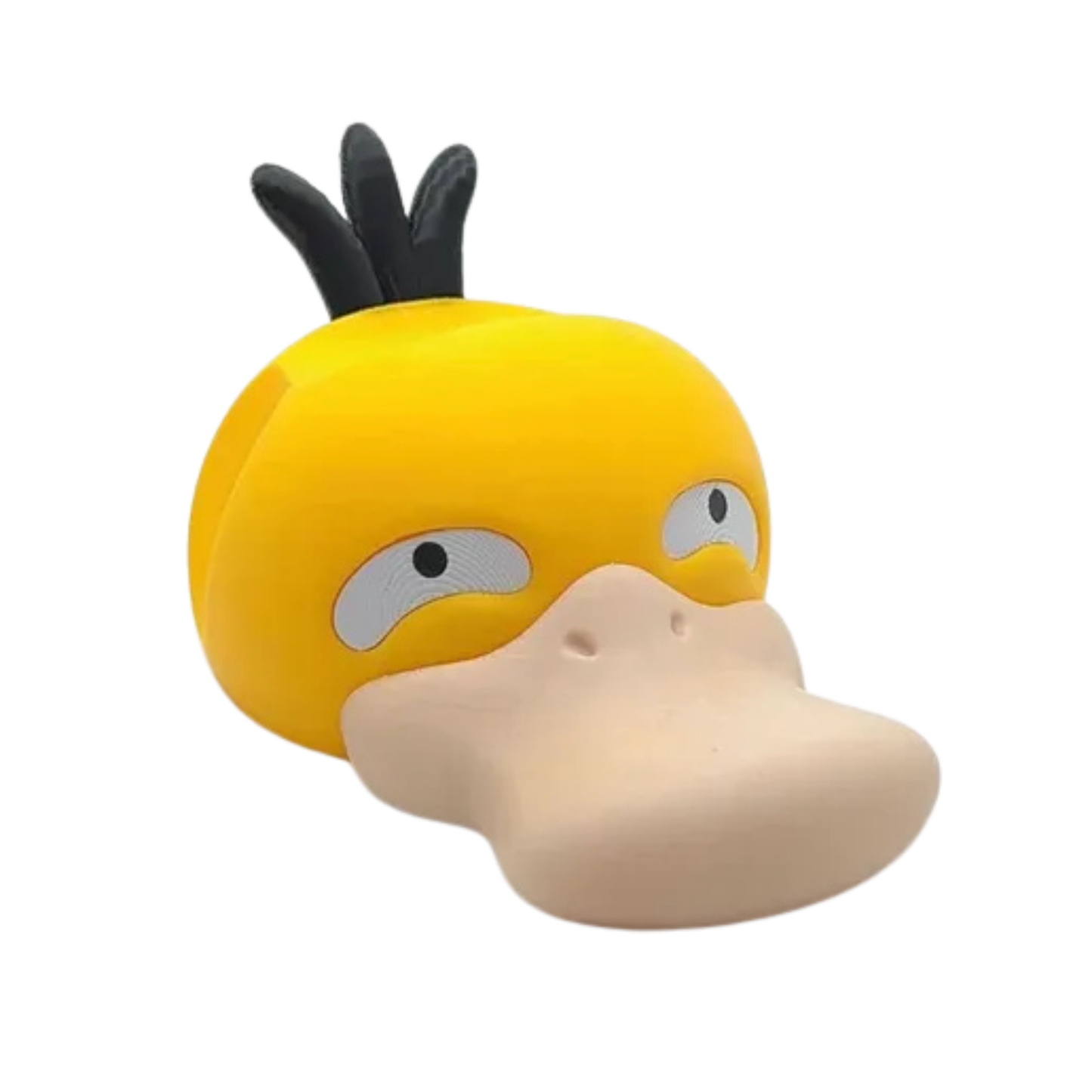 Figura decorativa de la cabeza de Psyduck (Pokémon) en color amarillo con pico beige y pelo negro en la parte superior, vista lateral, sin mando.