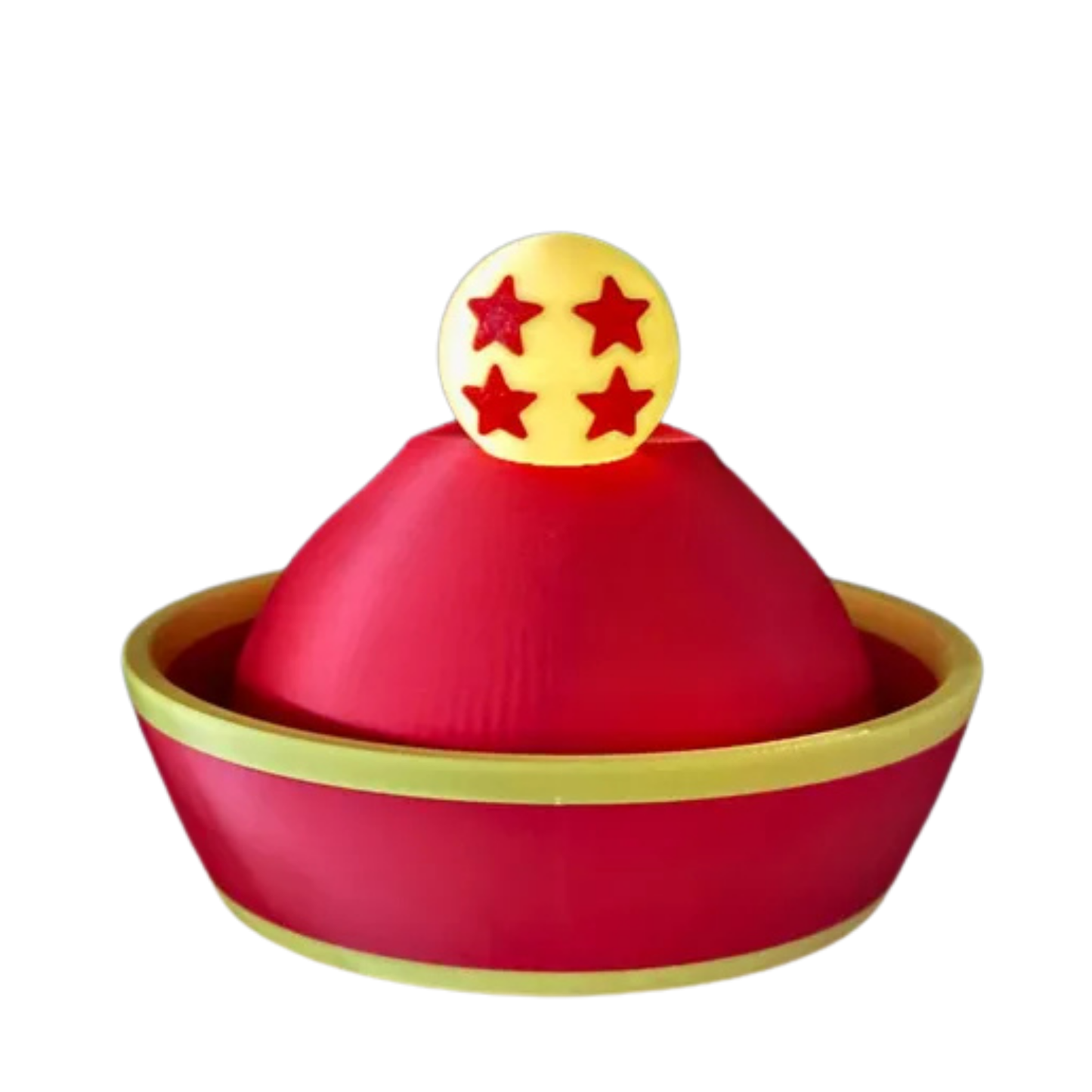 Figura decorativa del sombrero de Gohan de Dragon Ball Z en colores rojo y amarillo, con la Esfera del Dragón de 4 estrellas amarilla en la parte superior, sin mando.