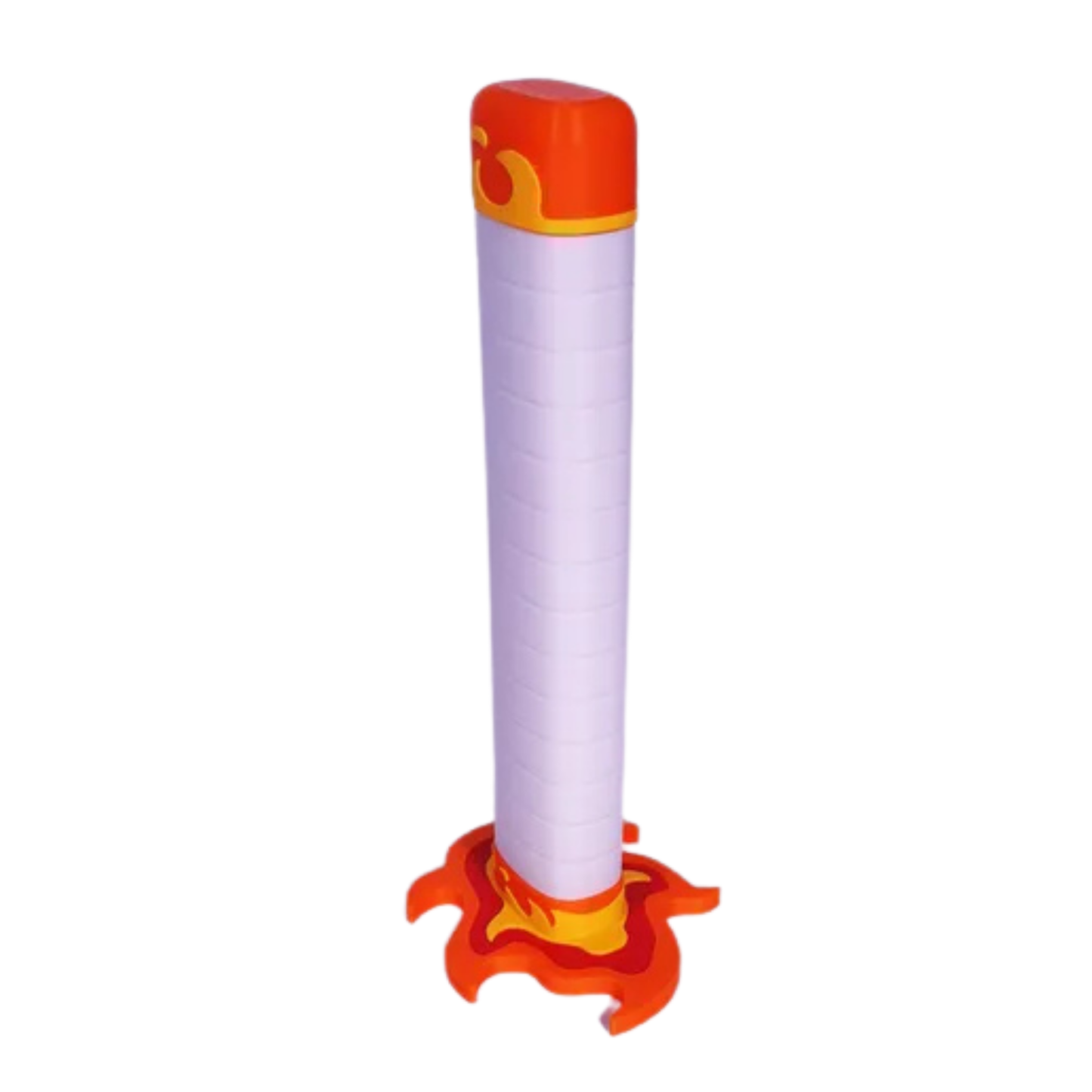Réplica de la Katana de Rengoku Kyojuro de Demon Slayer, en su forma retráctil, con vaina blanca y detalles de llamas naranjas en la base y empuñadura.