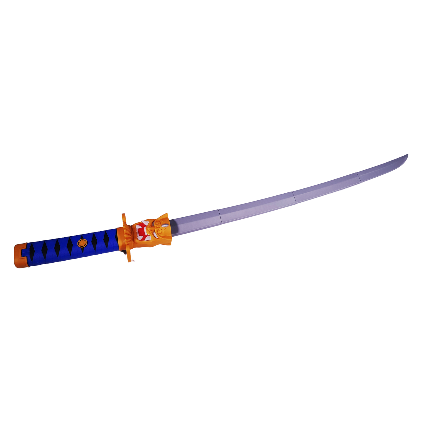 Katana retráctil Oni de Valorant completamente extendida, mostrando la hoja plateada, el mango azul y la icónica guarda de máscara de Oni dorada.