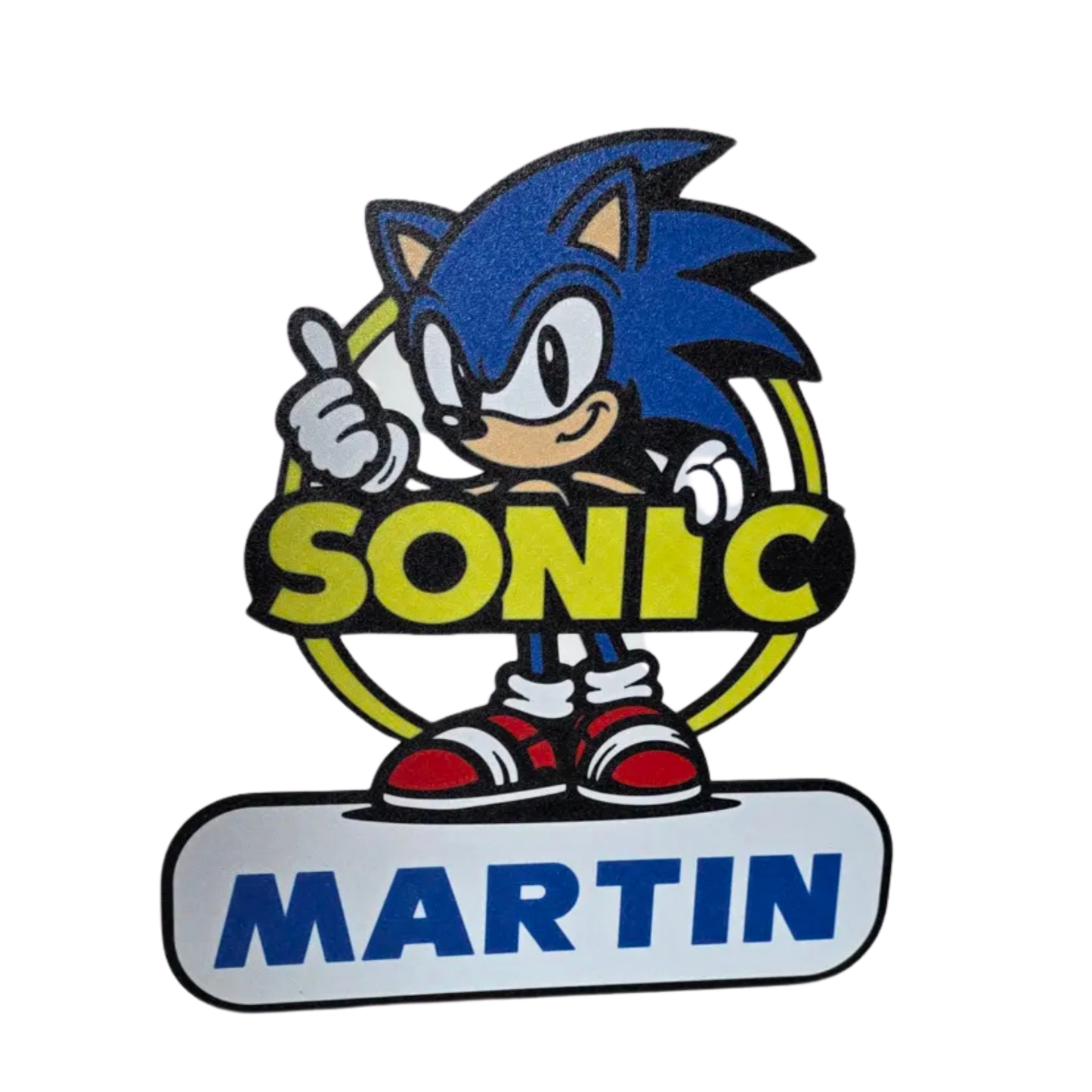 Letrero infantil de Sonic the Hedgehog con el nombre "MARTIN" en su base, mostrando al personaje en una pose dinámica con pulgar arriba.