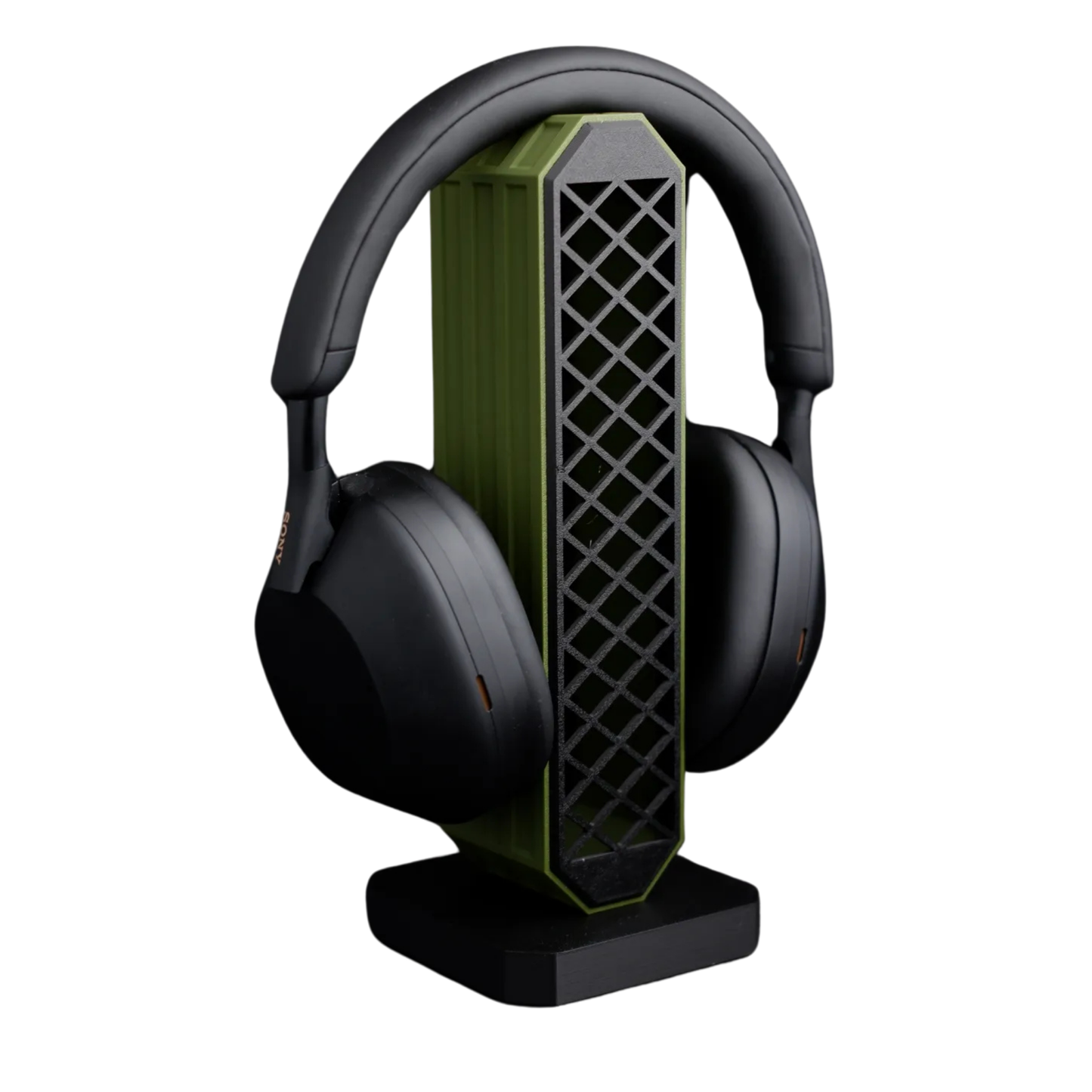 Porta audífonos con diseño moderno en color negro y verde, sosteniendo unos audífonos Sony negros, mostrando la compatibilidad.