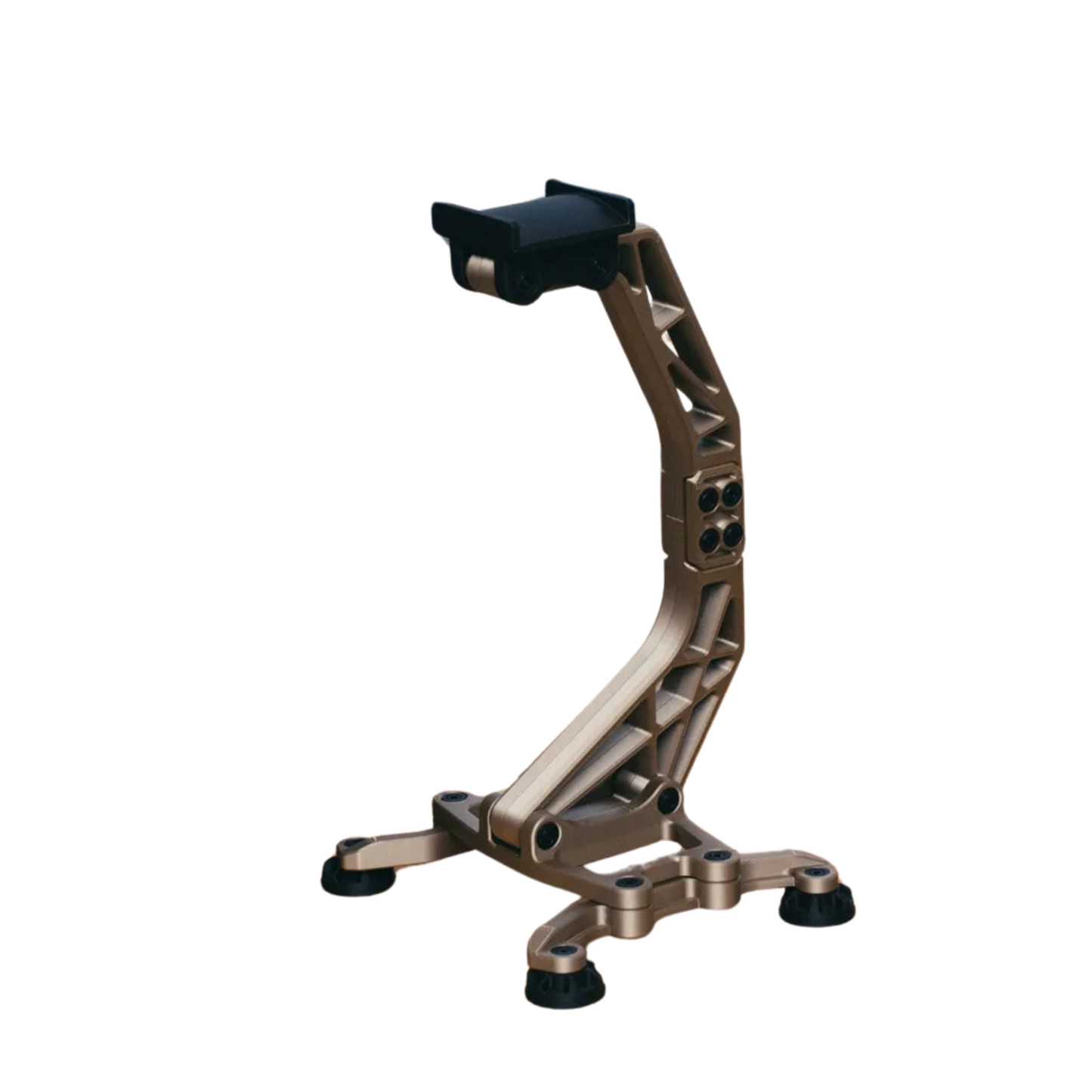 Soporte para audífonos de diseño industrial en tono metálico, con estructura angular y base robusta, sin auriculares, visto de lado.