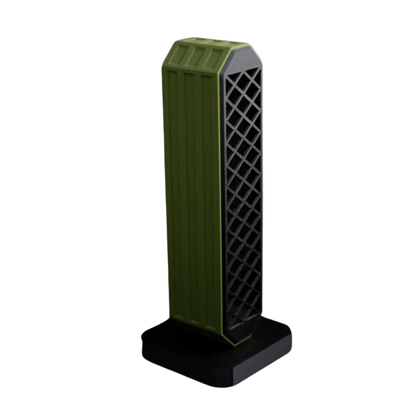 Soporte vertical para audífonos gaming en color negro con detalles verdes y panel de rejilla, sin auriculares, visto de lado.