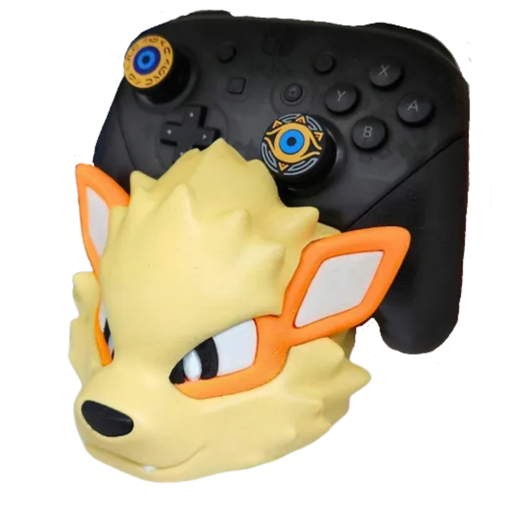 Porta joystick con diseño de Arcanine de Pokémon sosteniendo un mando de Nintendo Switch Pro, mostrando su compatibilidad y estabilidad.