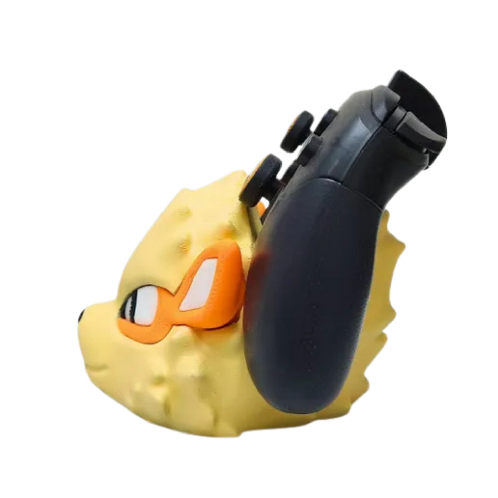 Vista de perfil del soporte de mando Arcanine de Pokémon, con un controlador Switch Pro negro descansando sobre la cabeza del Pokémon legendario.