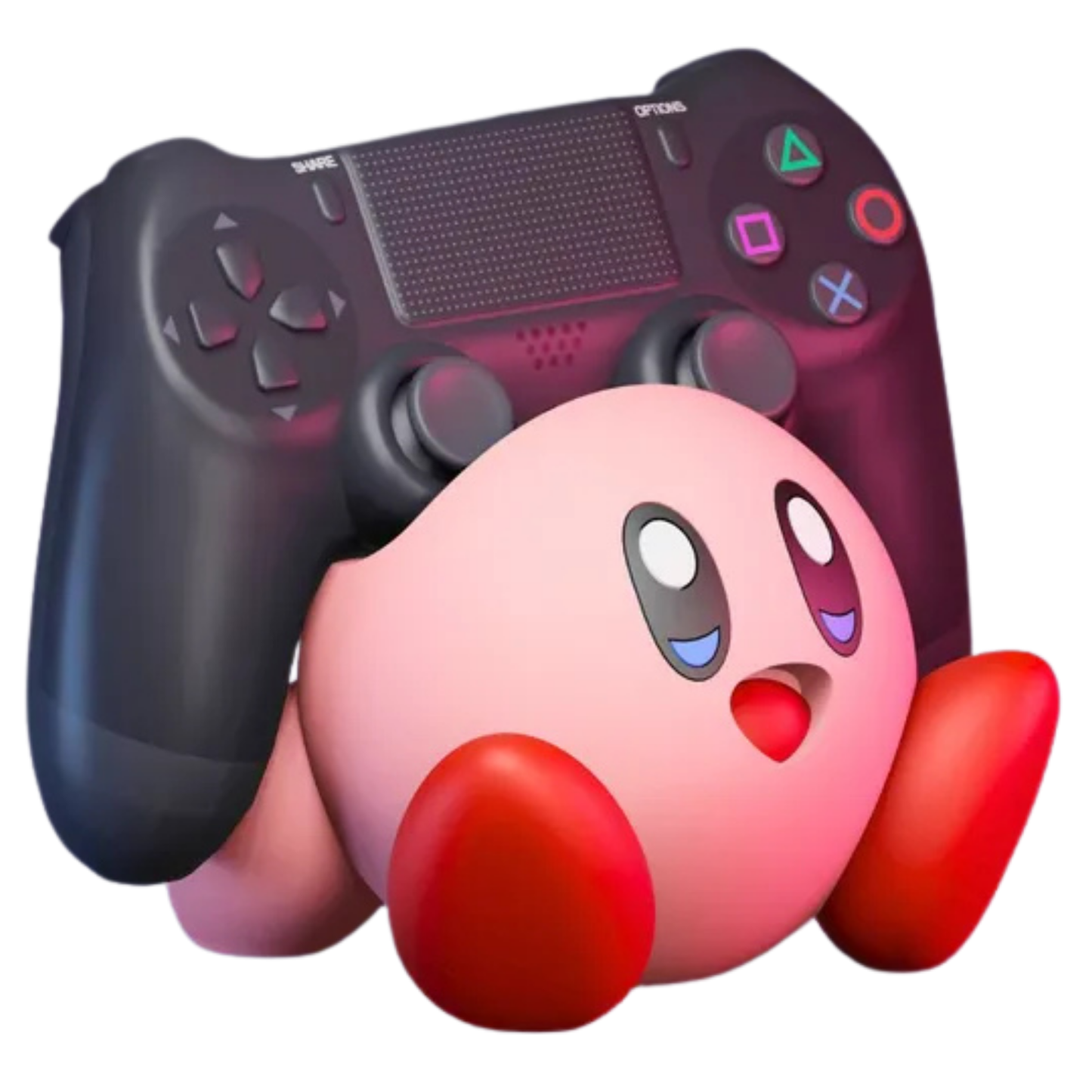 Soporte de mando gaming con diseño de Kirby de Nintendo, sosteniendo un control de PS4 negro sobre un fondo degradado oscuro.
