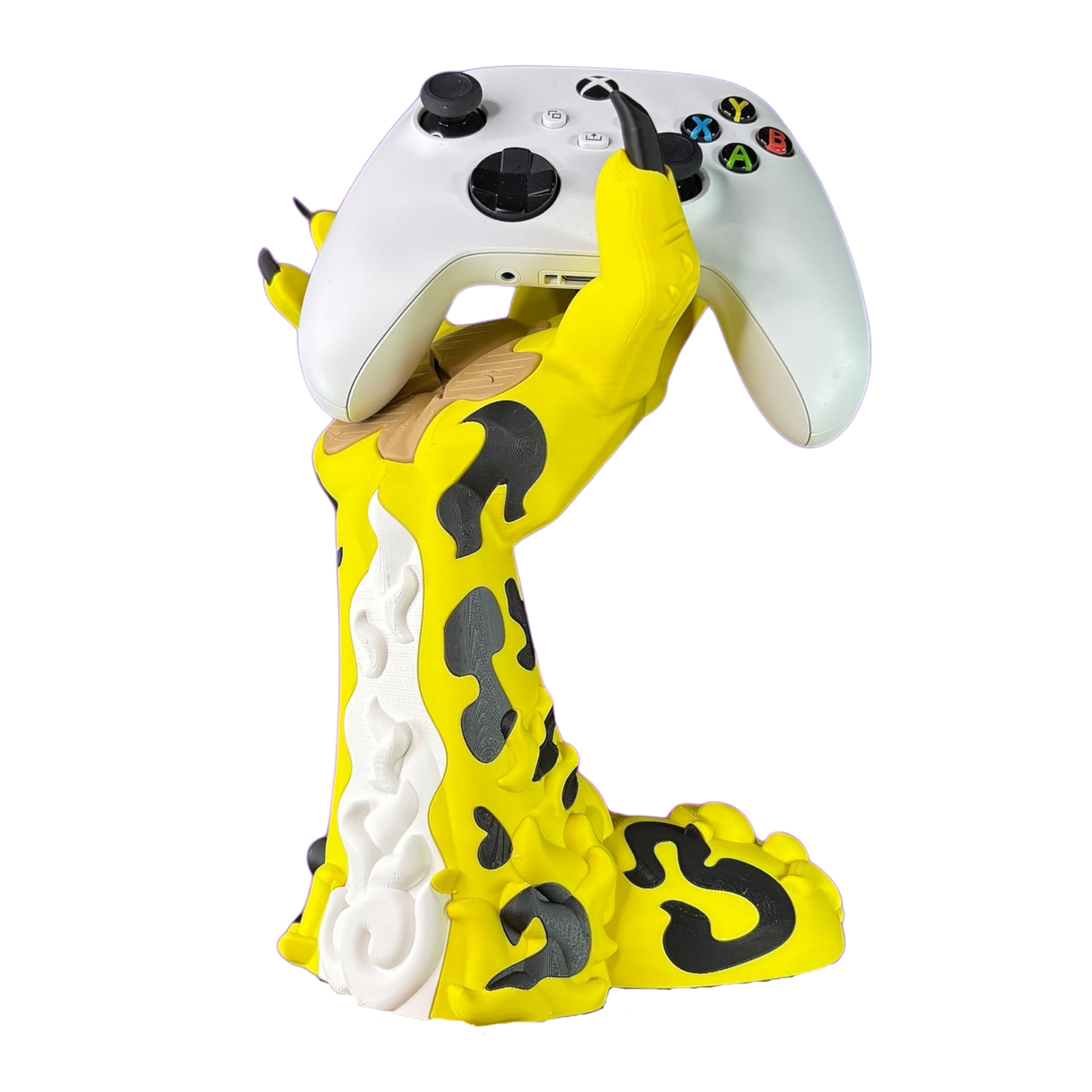 Porta joystick de Rob Lucci de One Piece, con mano y brazo con estampado de leopardo, sosteniendo un mando de Xbox blanco.