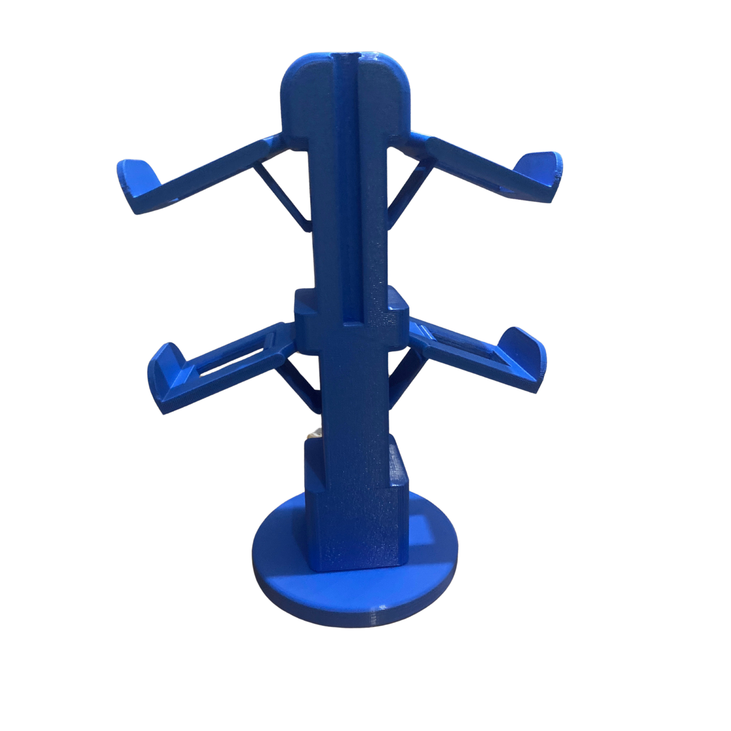 Torre organizadora de mandos gaming en color azul vibrante, vacía, vista desde un ángulo superior que muestra sus brazos ajustables y base circular.