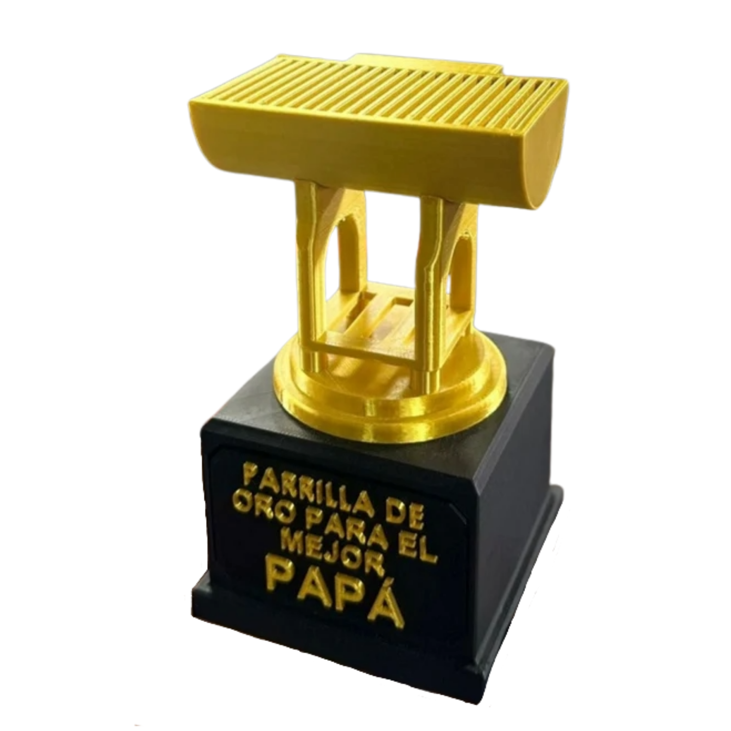 Vista lateral derecha del trofeo "Parrilla de Oro" para el Día del Padre, destacando la profundidad de su diseño con forma de parrilla y la solidez de la base.