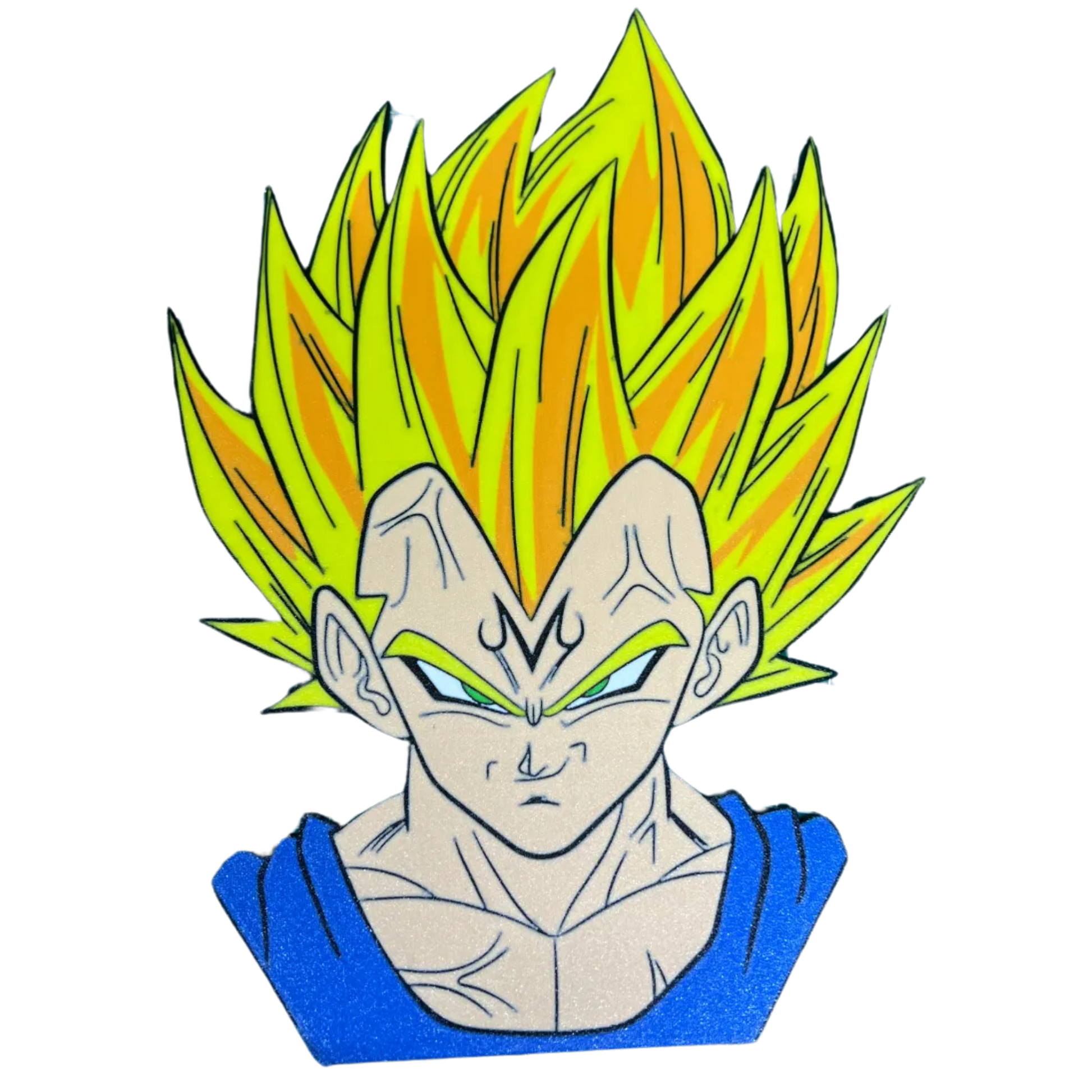 Aplique decorativo de Majin Vegeta de Dragon Ball Z en su forma Super Saiyajin, con cabello amarillo, camiseta azul y la "M" en la frente.