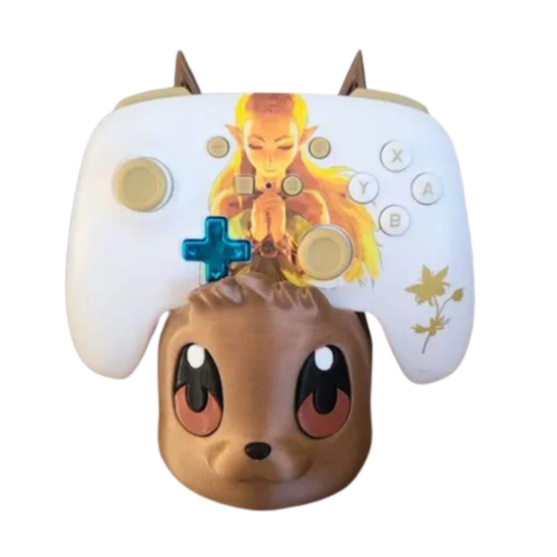 Base para controlador Eevee de Pokémon con un mando de Xbox blanco personalizado con temática de Zelda, demostrando compatibilidad.