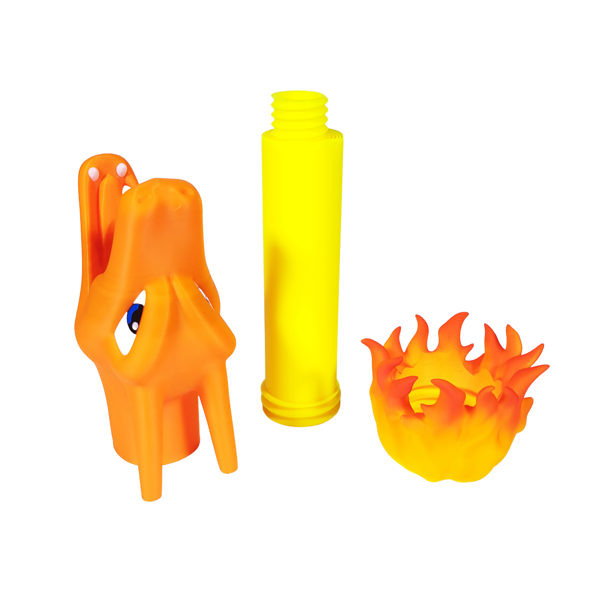 Componentes desensamblados del juguete retráctil Ataque Lanza Llamas de Charizard Pokémon: cabeza naranja, tubo amarillo interior y pieza de llama.