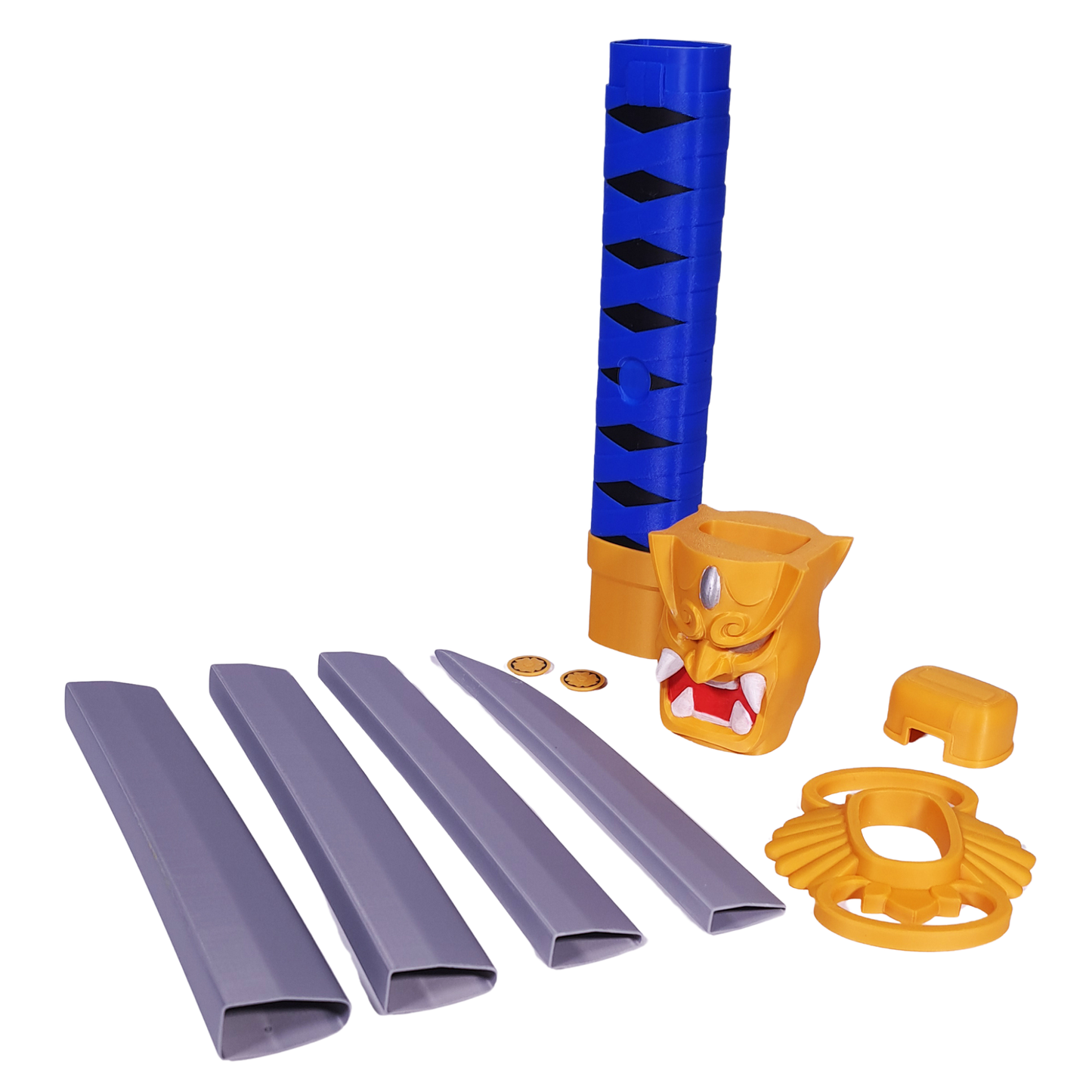Componentes desensamblados de la Katana Retráctil Oni de Valorant, incluyendo los segmentos de la hoja, la empuñadura azul con patrón y la guarda de máscara de Oni dorada.