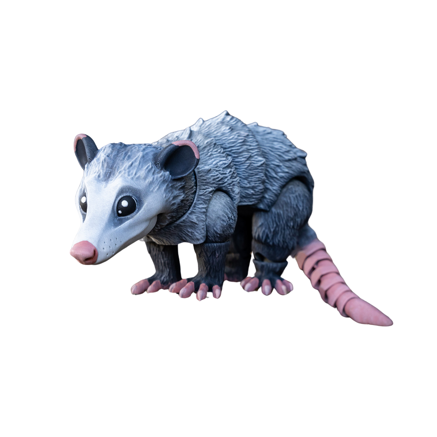 Figura articulada de zarigüeya en color gris, con boca cerrada y expresión alerta, agachada en una pose de acecho o exploración.