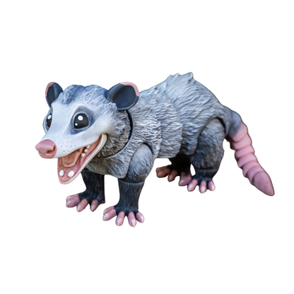 Figura articulada de zarigüeya en color gris, con boca abierta y una expresión que simula una sonrisa, posada de forma amigable.