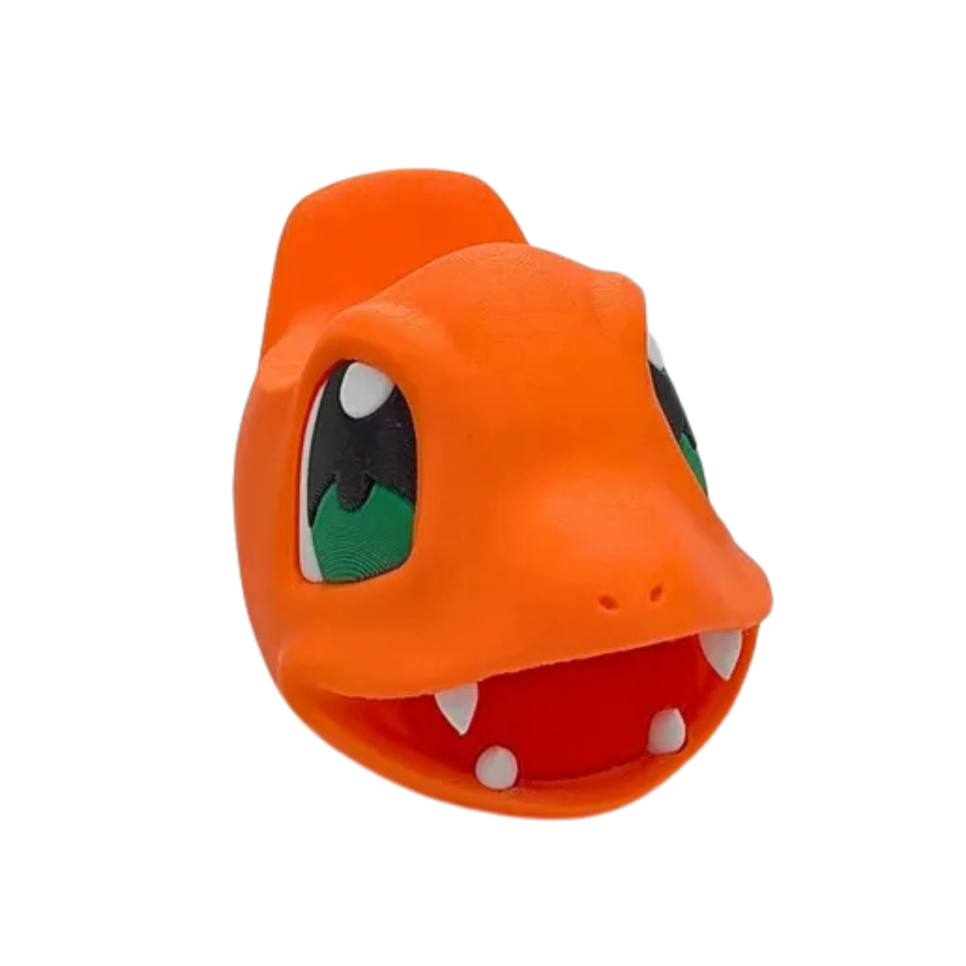 Figura decorativa de la cabeza de Charmander (Pokémon) en color naranja, vista lateral, sin mando, mostrando sus ojos verdes y boca abierta.