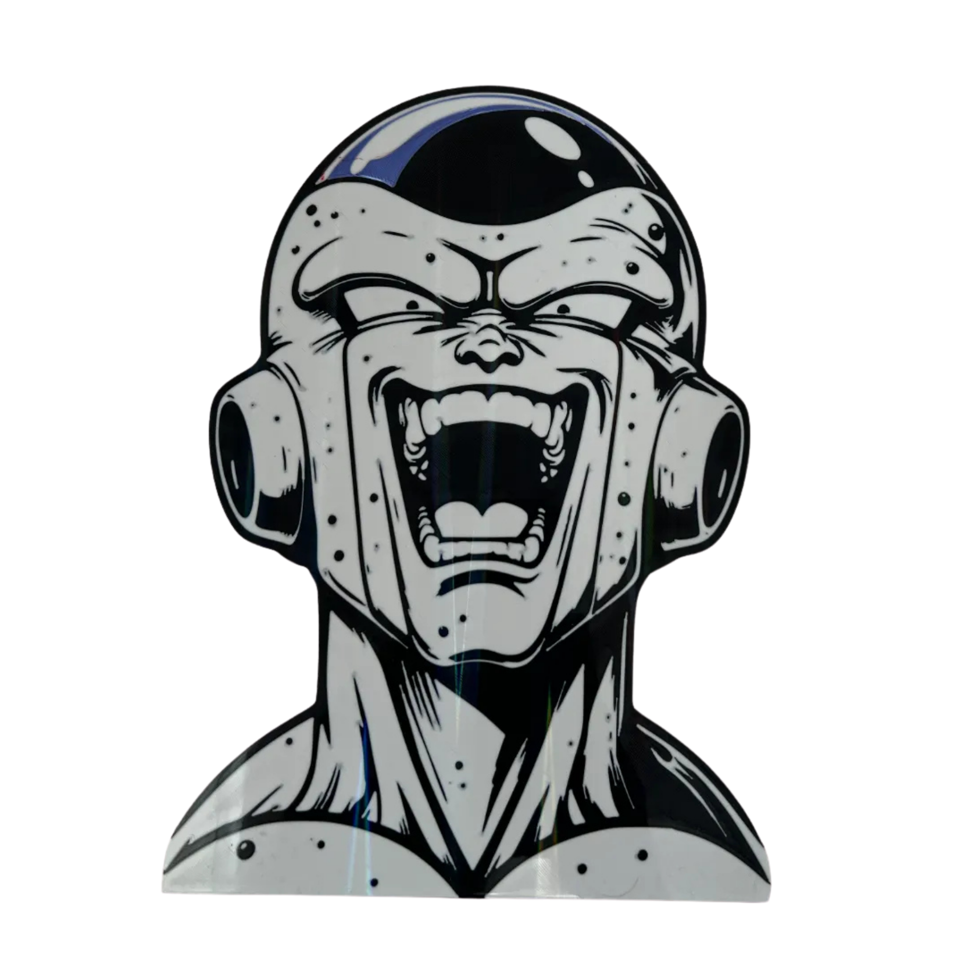 Figura decorativa de la cabeza de Freezer de Dragon Ball Z en estilo blanco y negro, con efecto holográfico, listo para decorar un espacio de fan.