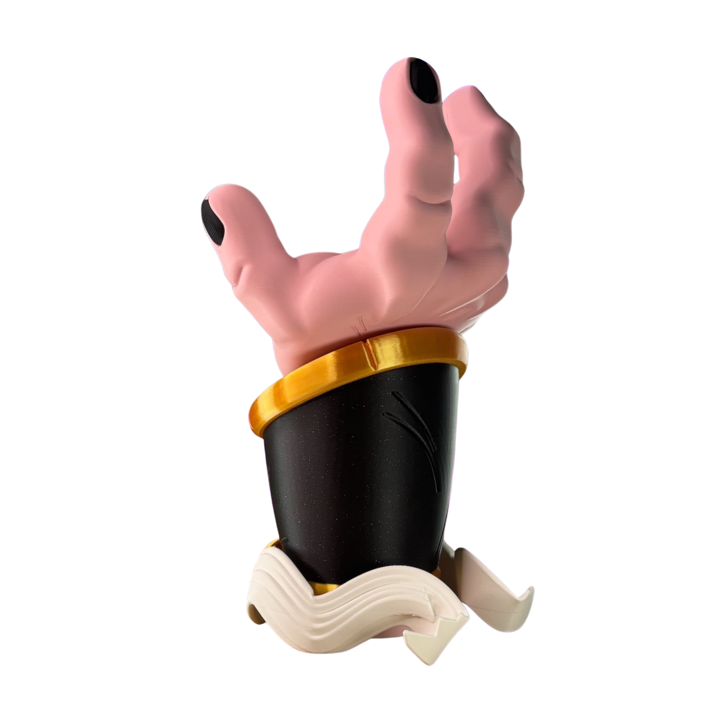 Figura de Majin Buu de Dragon Ball Z con la mano rosada y el brazo con pantalón negro y cinturón dorado, sin controlador, listo para usar.