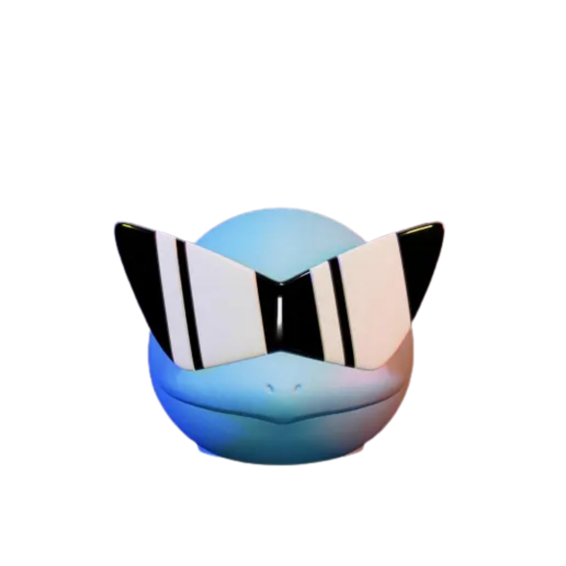 Figura decorativa de la cabeza de Squirtle (Pokémon) de color azul claro, usando gafas de sol pixeladas en blanco y negro, sobre fondo blanco.