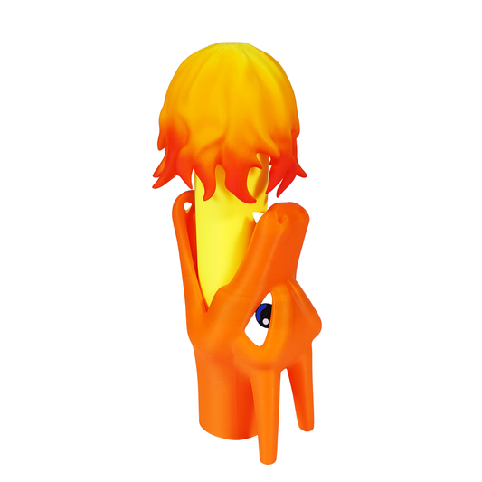 Juguete retráctil de la cabeza de Charizard Pokémon en color naranja, con una llama amarilla y naranja extendida desde su boca, vista en ángulo.