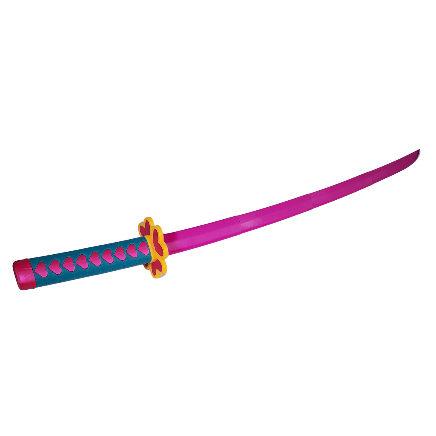 Katana retráctil de Mitsuri Kanroji de Demon Slayer, con su hoja Nichirin rosa/magenta extendida, mostrando la guarda de corazón amarilla y el mango con corazones.