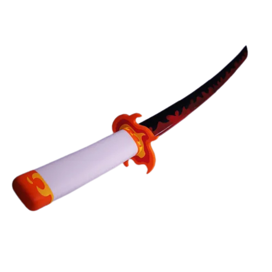 Katana retráctil de Rengoku Kyojuro de Demon Slayer, con su hoja Nichirin extendida, mostrando patrones de llamas en la hoja roja y negra, y la guarda naranja.