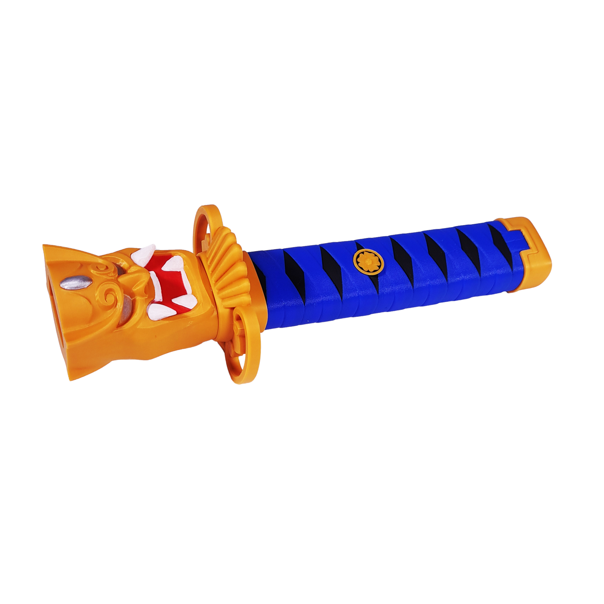 Réplica retráctil de la Katana Oni de Valorant, mostrando el mango azul con patrón negro, la guarda dorada con máscara de Oni y la hoja retraída.
