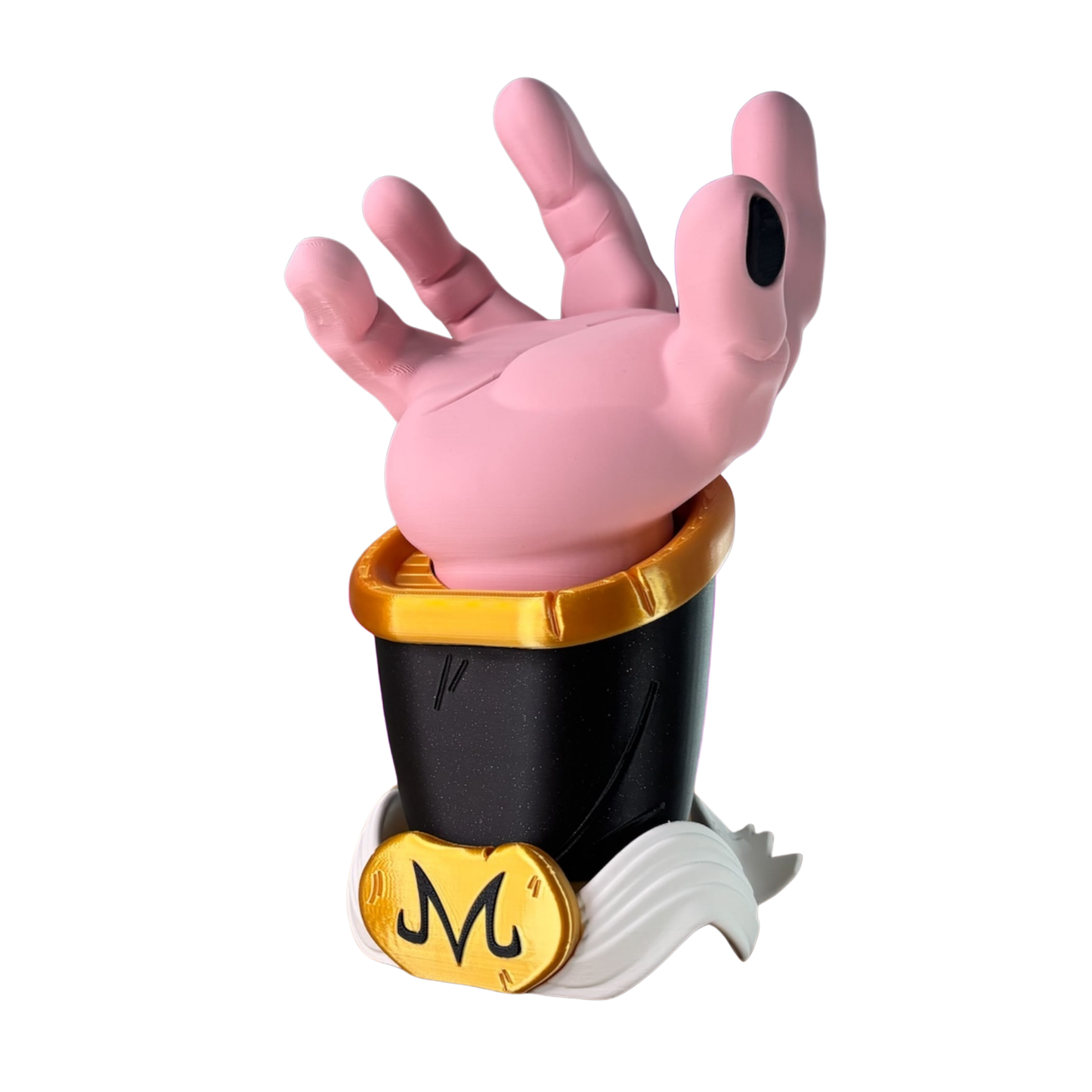 Figura de soporte de Majin Buu de Dragon Ball Z, mostrando la mano rosada abierta con los dedos levantados, con detalles de su vestimenta.