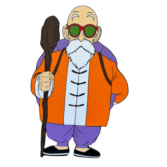 Aplique decorativo del Maestro Roshi de Dragon Ball, vestido de naranja y púrpura, con bastón y gafas de sol, ideal para regalar a un fan de DBZ.