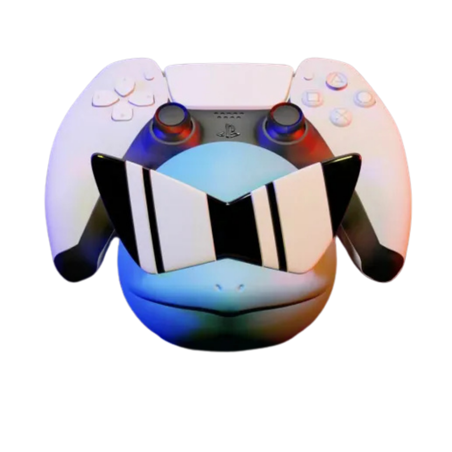 Soporte de mando gaming con diseño de Squirtle de Pokémon y gafas de sol pixeladas, sosteniendo un control de PS5 blanco, con iluminación ambiental.