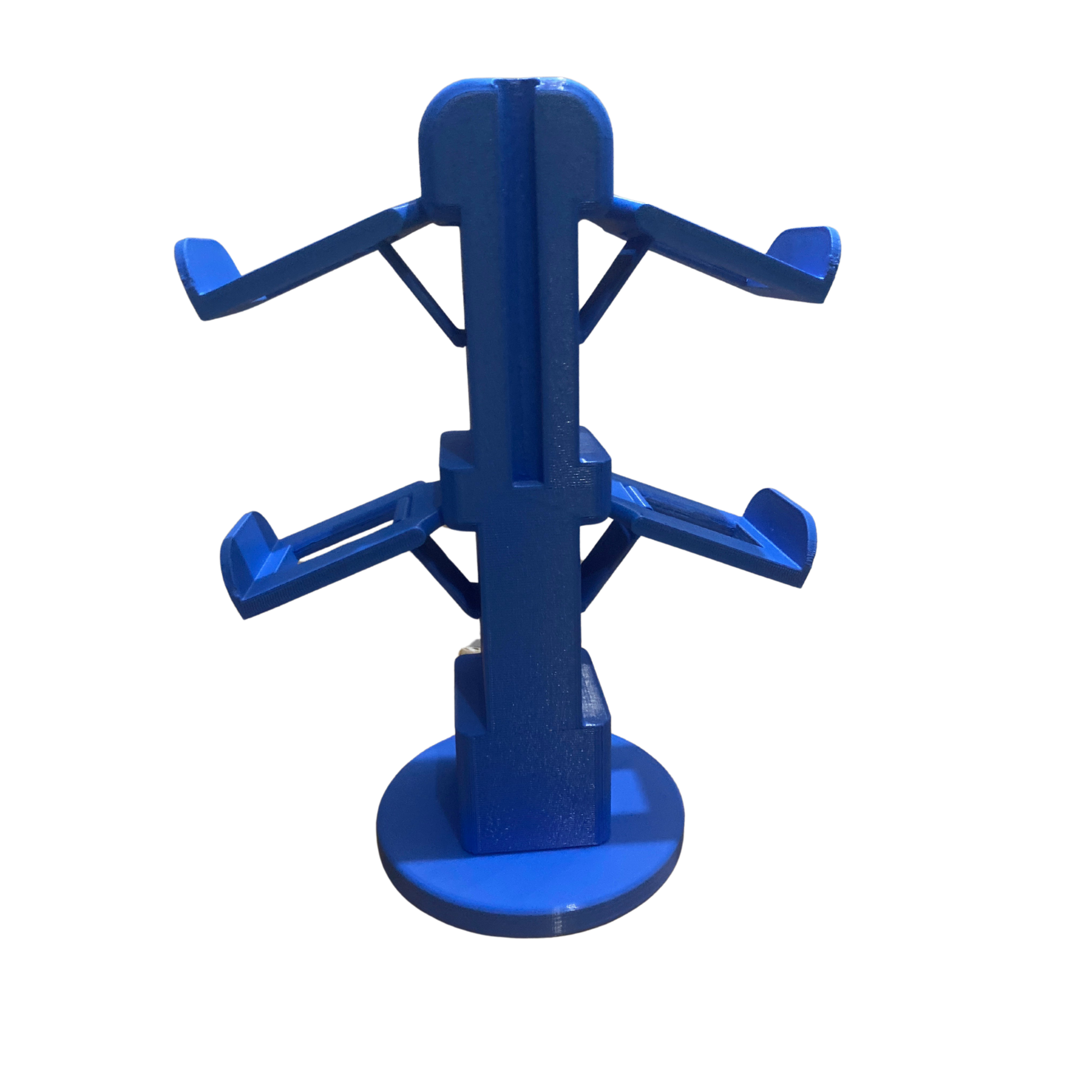 Torre organizadora de mandos gaming en color azul vibrante, vacía, vista desde un ángulo superior que muestra sus brazos ajustables y base circular.