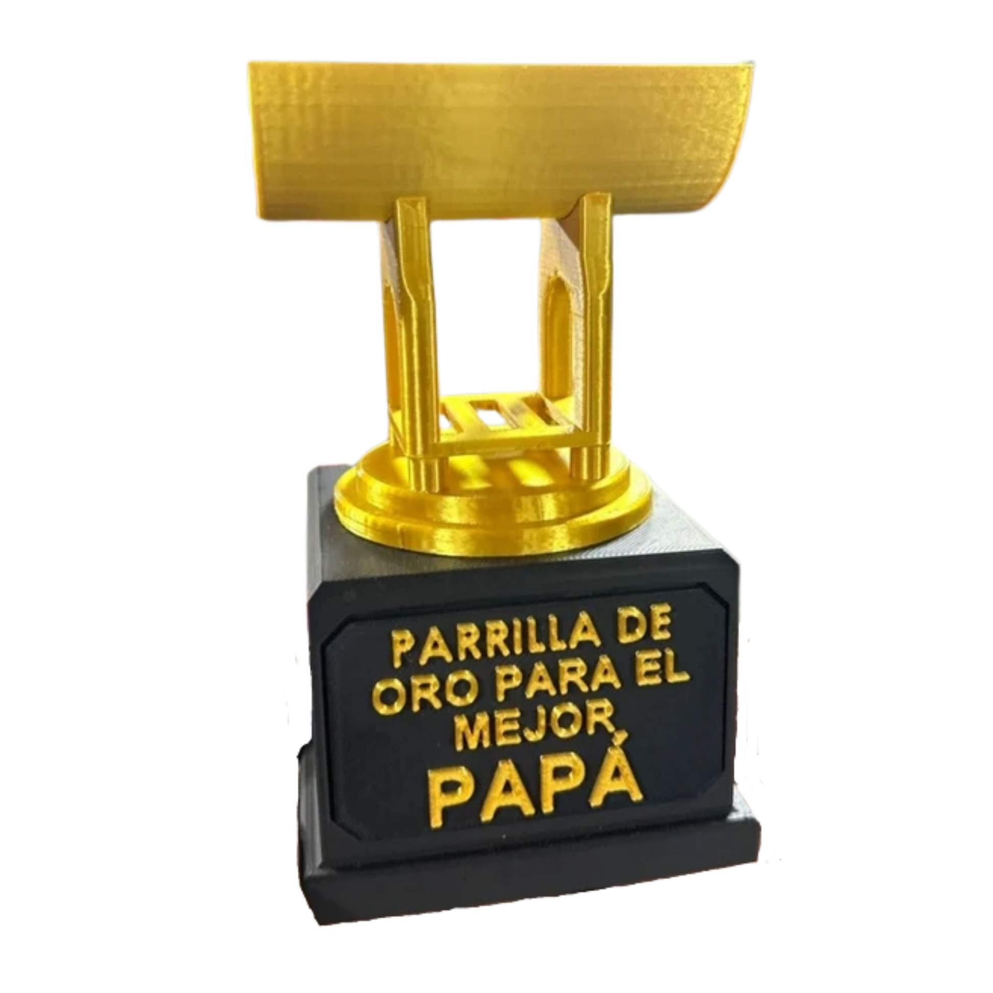 Trofeo "Parrilla de Oro" para el Mejor Papá, vista frontal. Ideal como regalo original para el Día del Padre y amantes de los asados.