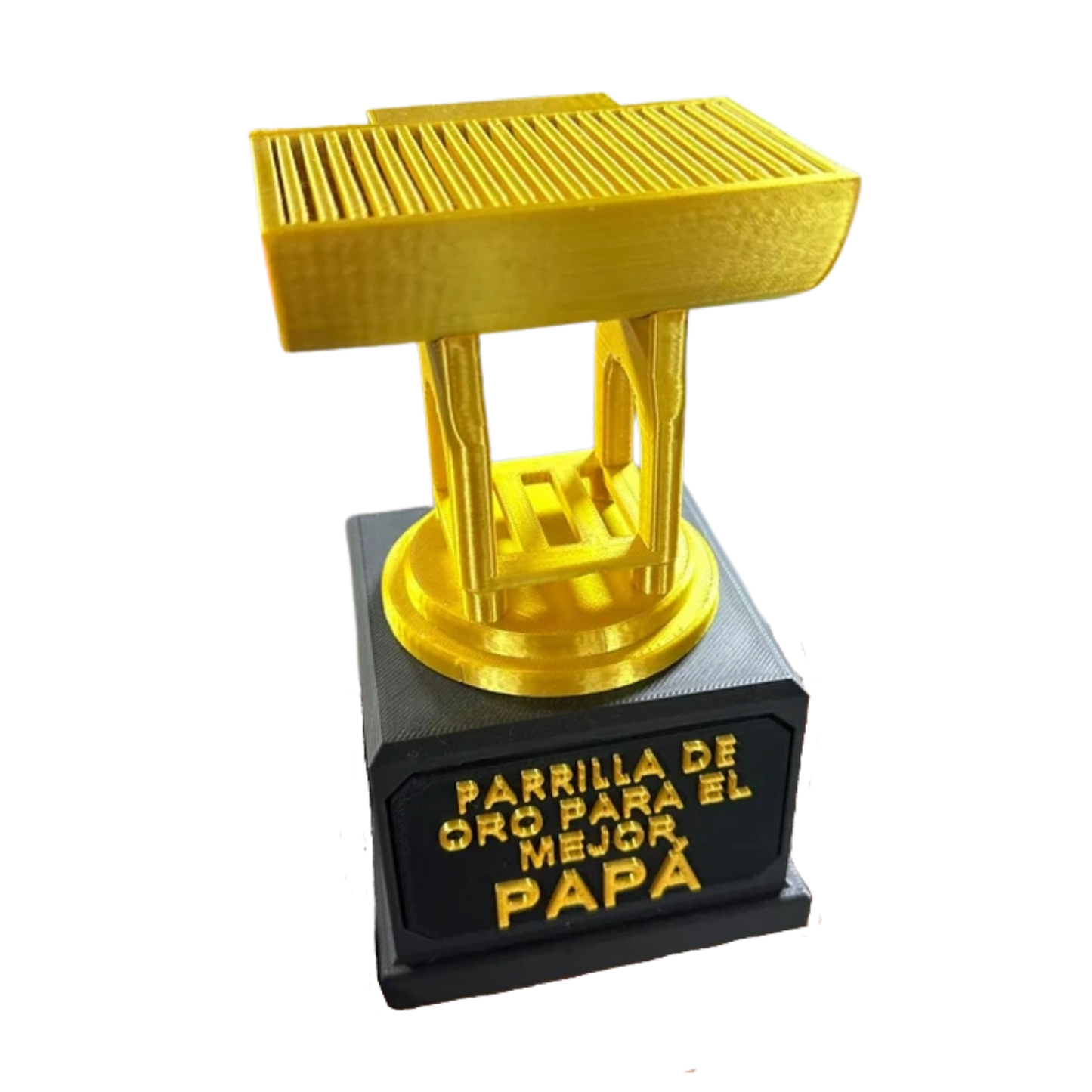 Trofeo "Parrilla de Oro" para el Mejor Papá, vista izquierda. Ideal como regalo original para el Día del Padre y amantes de los asados.