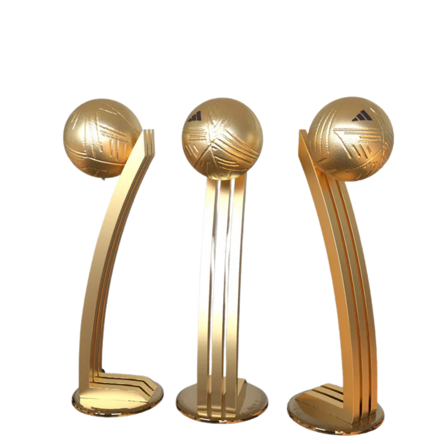 Tres trofeos réplica del Balón de Oro del Mundial, con acabados dorados y balones de fútbol en la cima, ideales para regalar a aficionados al fútbol.